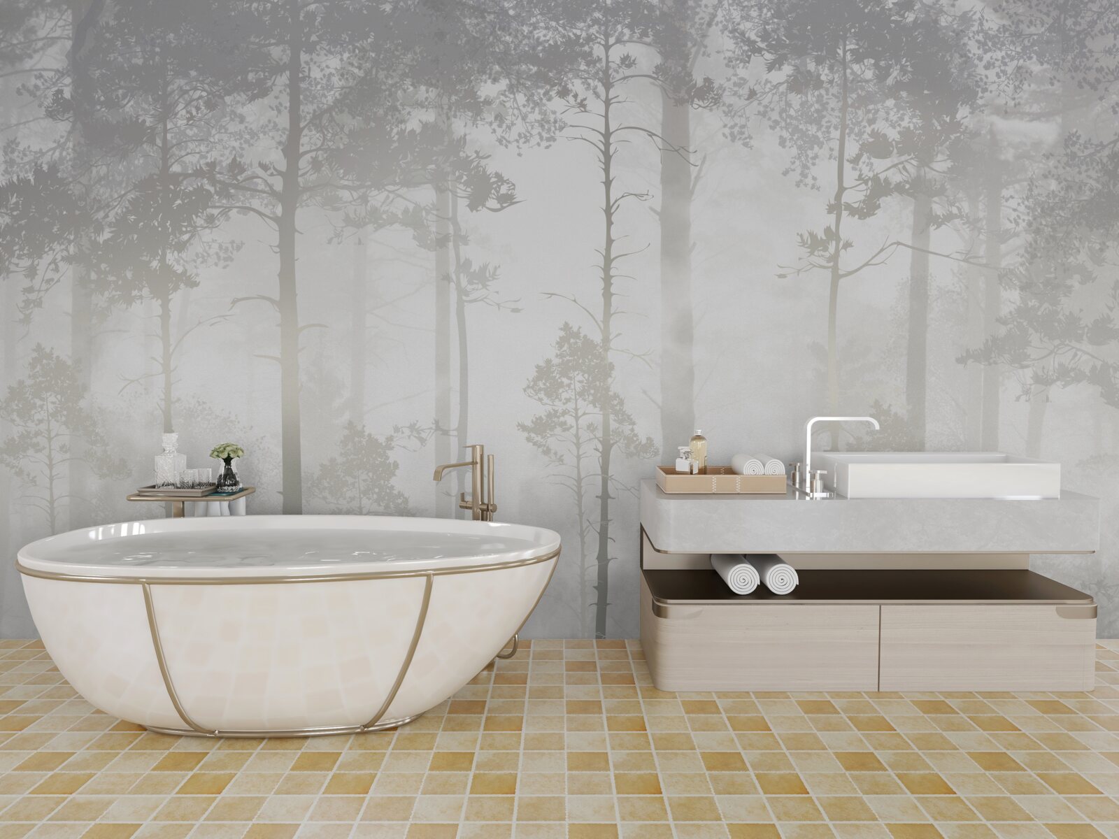 Fotobehang Het mistige bos is bezaaid met hoge dennenbomen, als in een sprookje