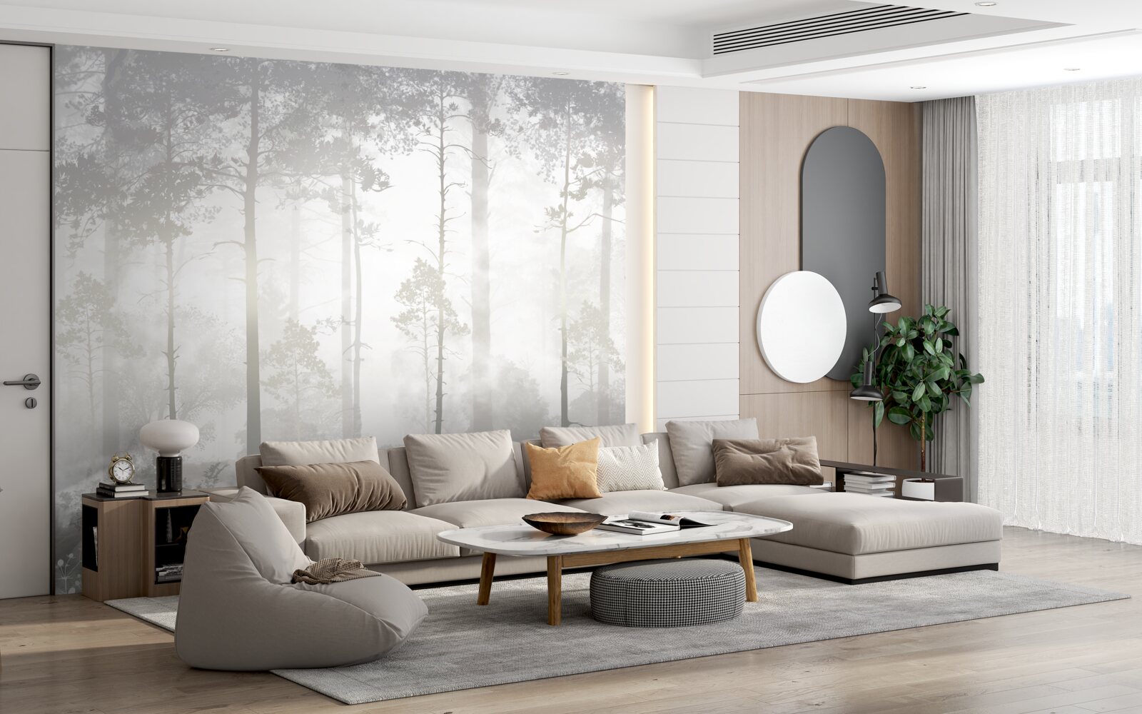 Fotobehang Het mistige bos is bezaaid met hoge dennenbomen, als in een sprookje