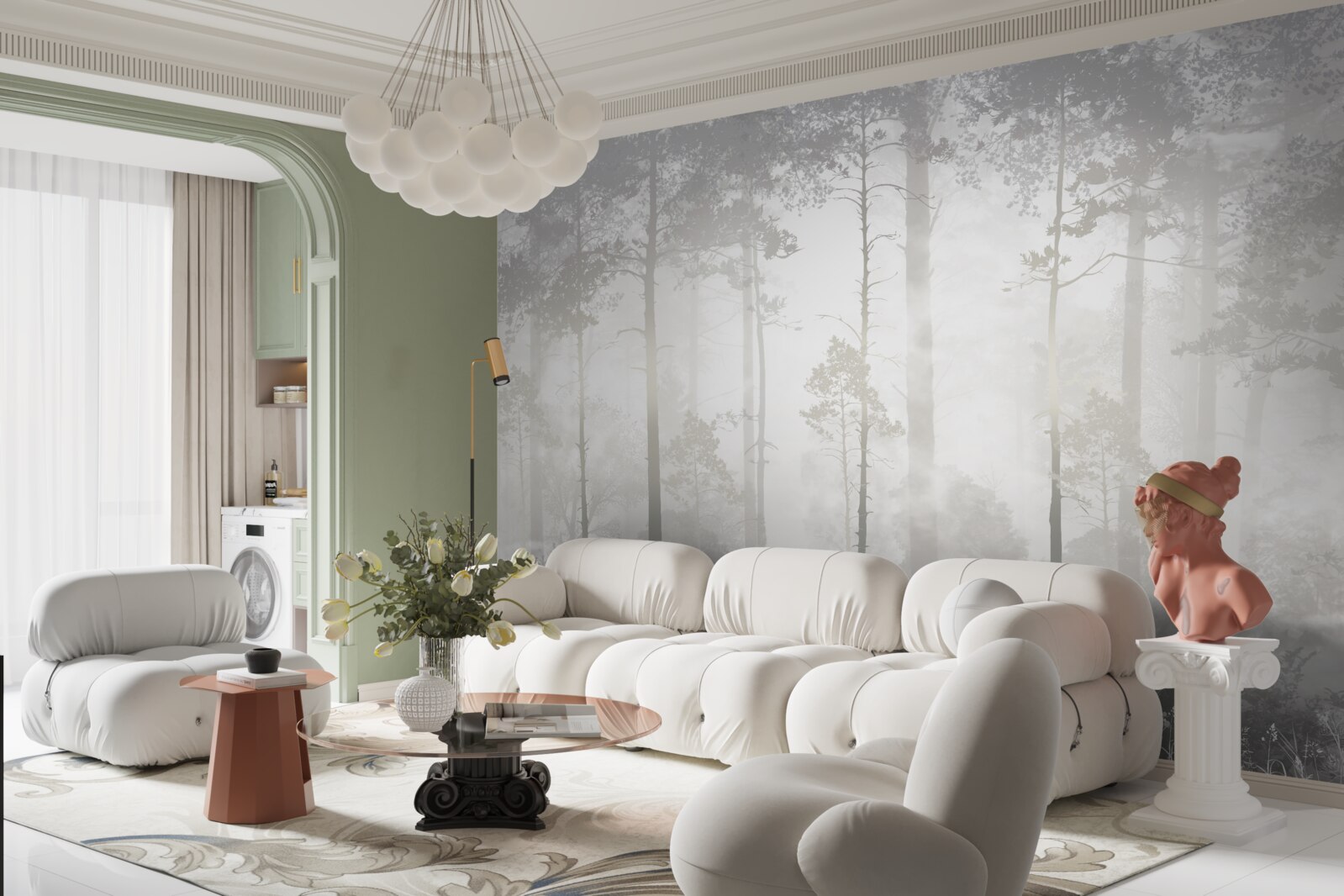 Fotobehang Het mistige bos is bezaaid met hoge dennenbomen, als in een sprookje