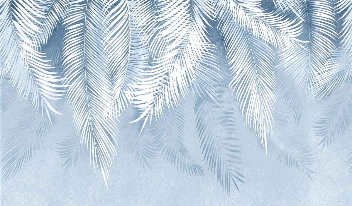 Fotobehang witte en blauwe veren op winterbladeren