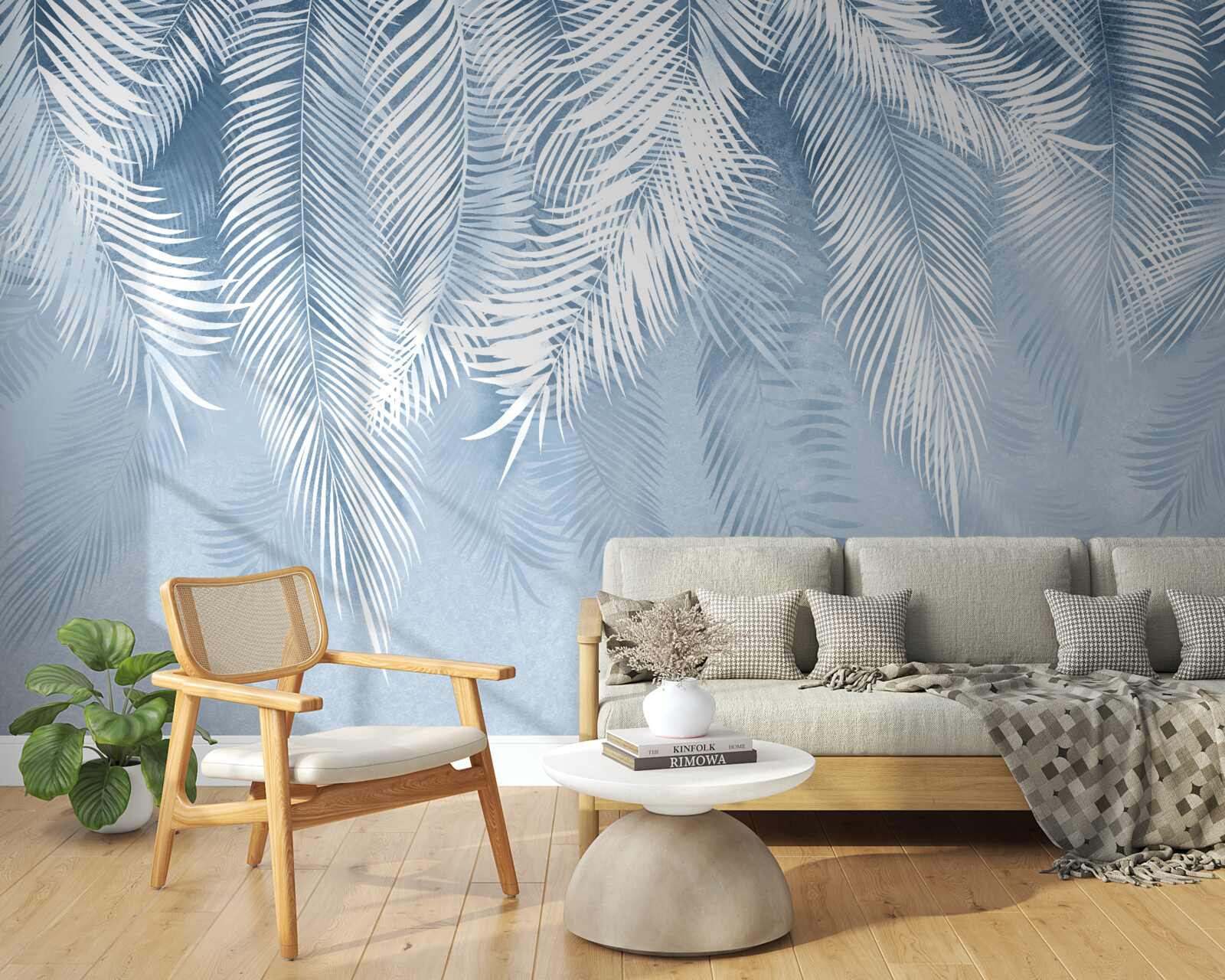 Fotobehang witte en blauwe veren op winterbladeren