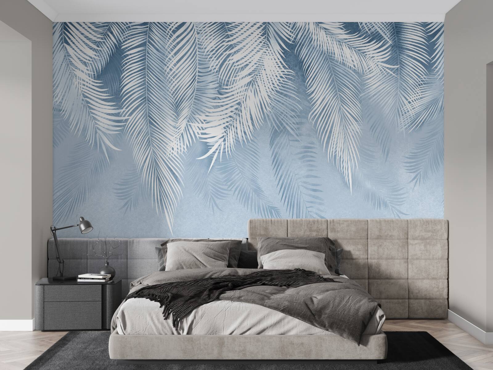 Fotobehang witte en blauwe veren op winterbladeren