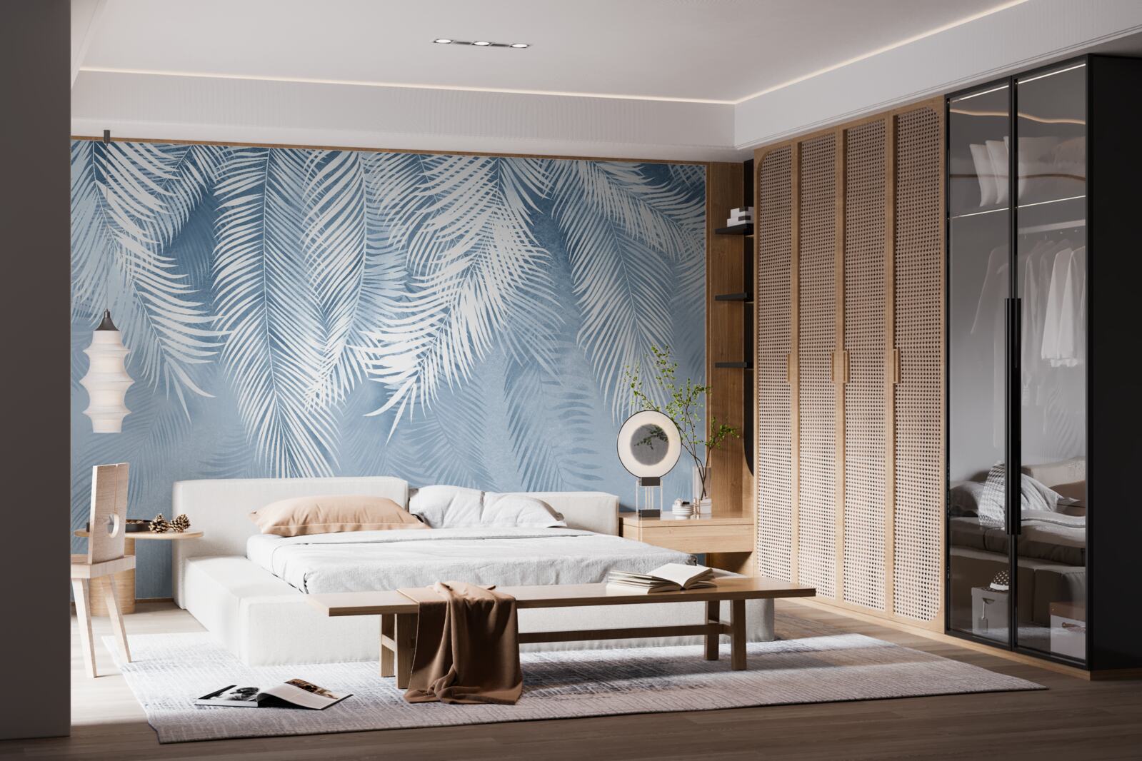 Fotobehang witte en blauwe veren op winterbladeren