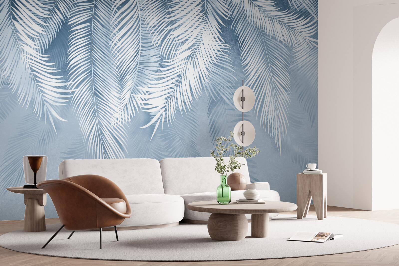 Fotobehang witte en blauwe veren op winterbladeren