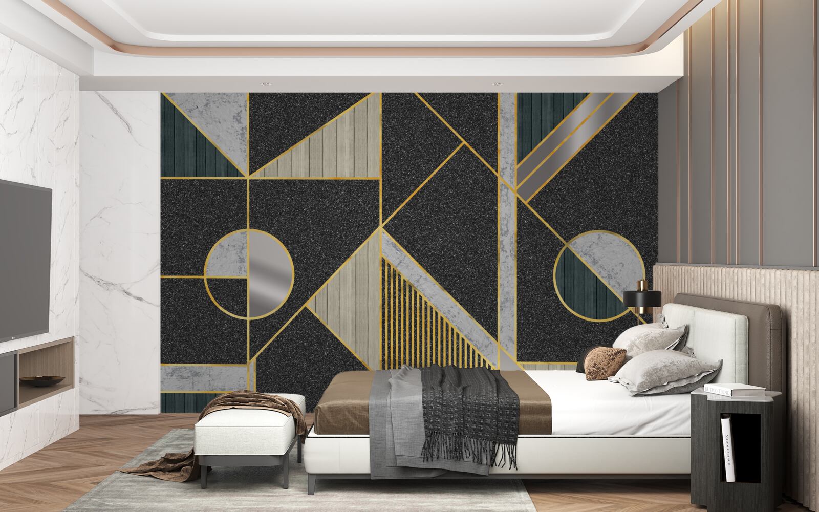 Fotobehang donker mozaïek met gouden tinten