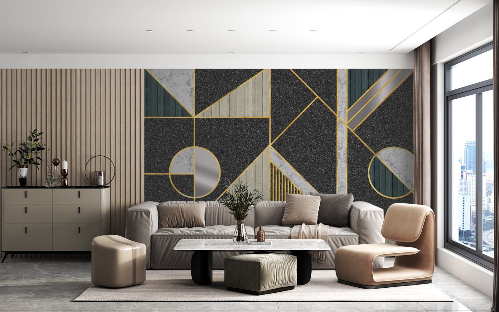 Fotobehang donker mozaïek met gouden tinten