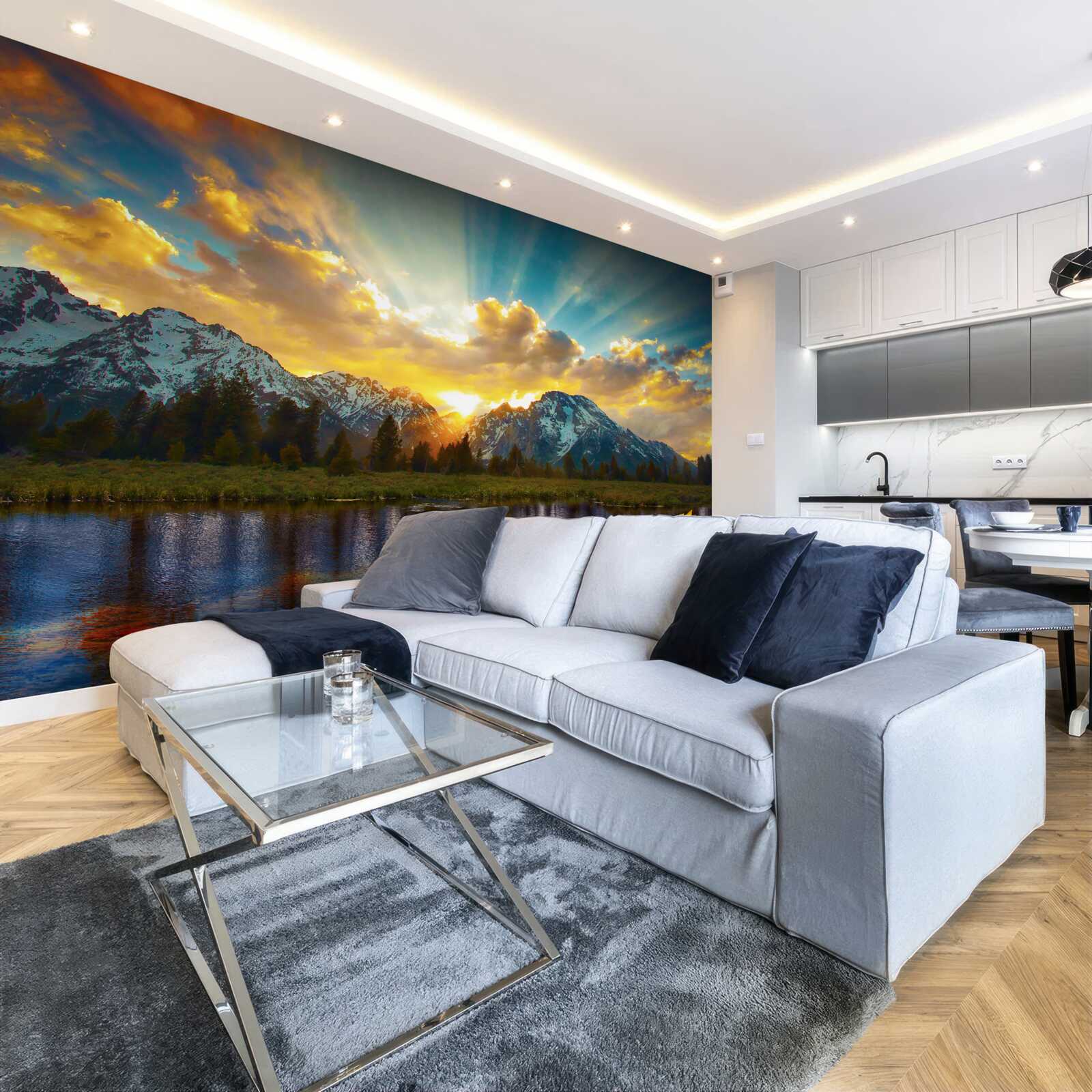 Fotobehang magische zonsondergang boven een rivier in de bergen