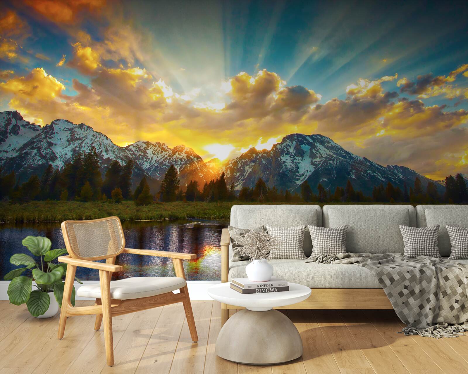 Fotobehang magische zonsondergang boven een rivier in de bergen