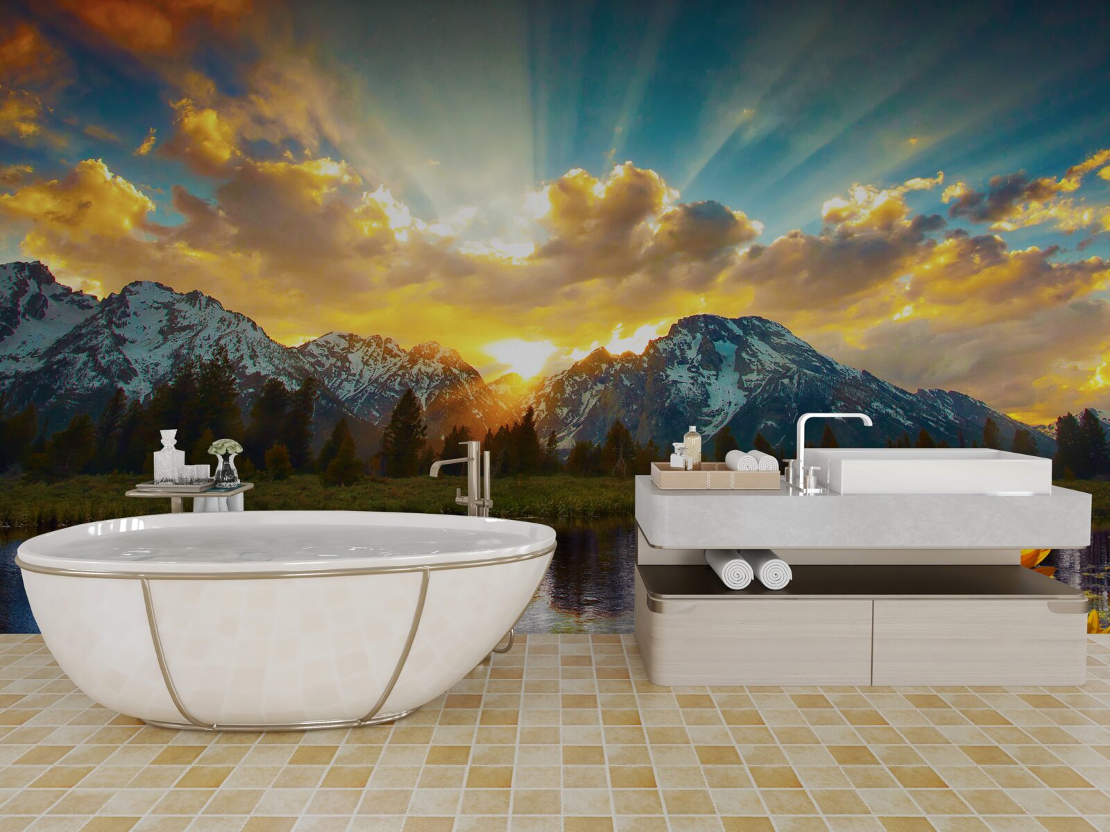 Fotobehang magische zonsondergang boven een rivier in de bergen