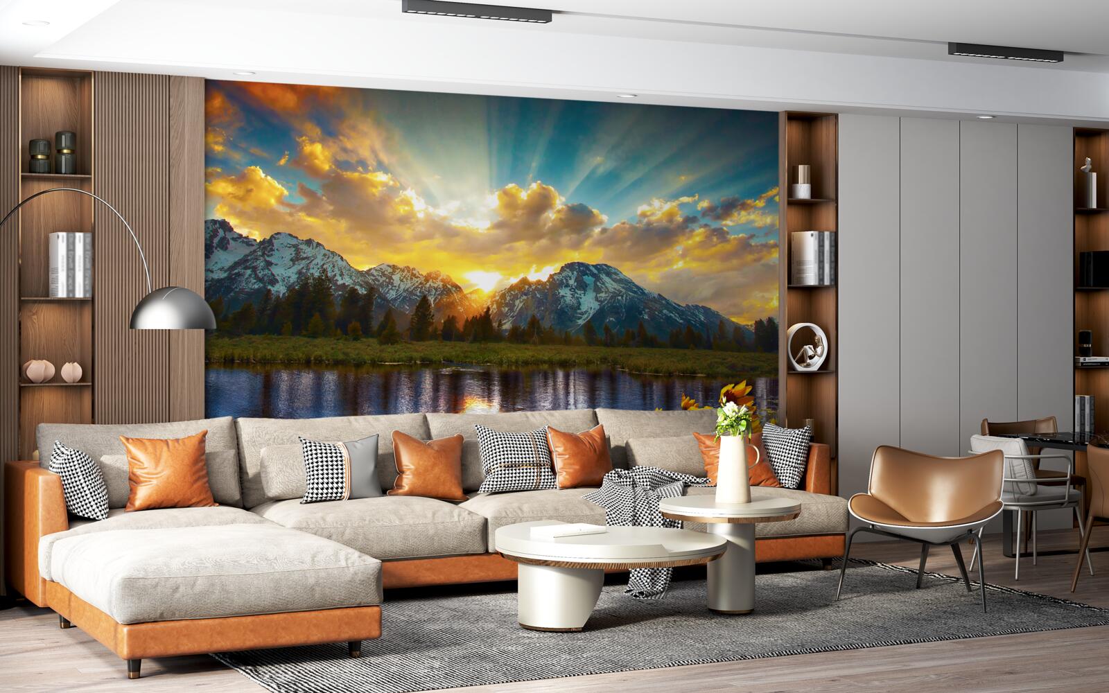 Fotobehang magische zonsondergang boven een rivier in de bergen