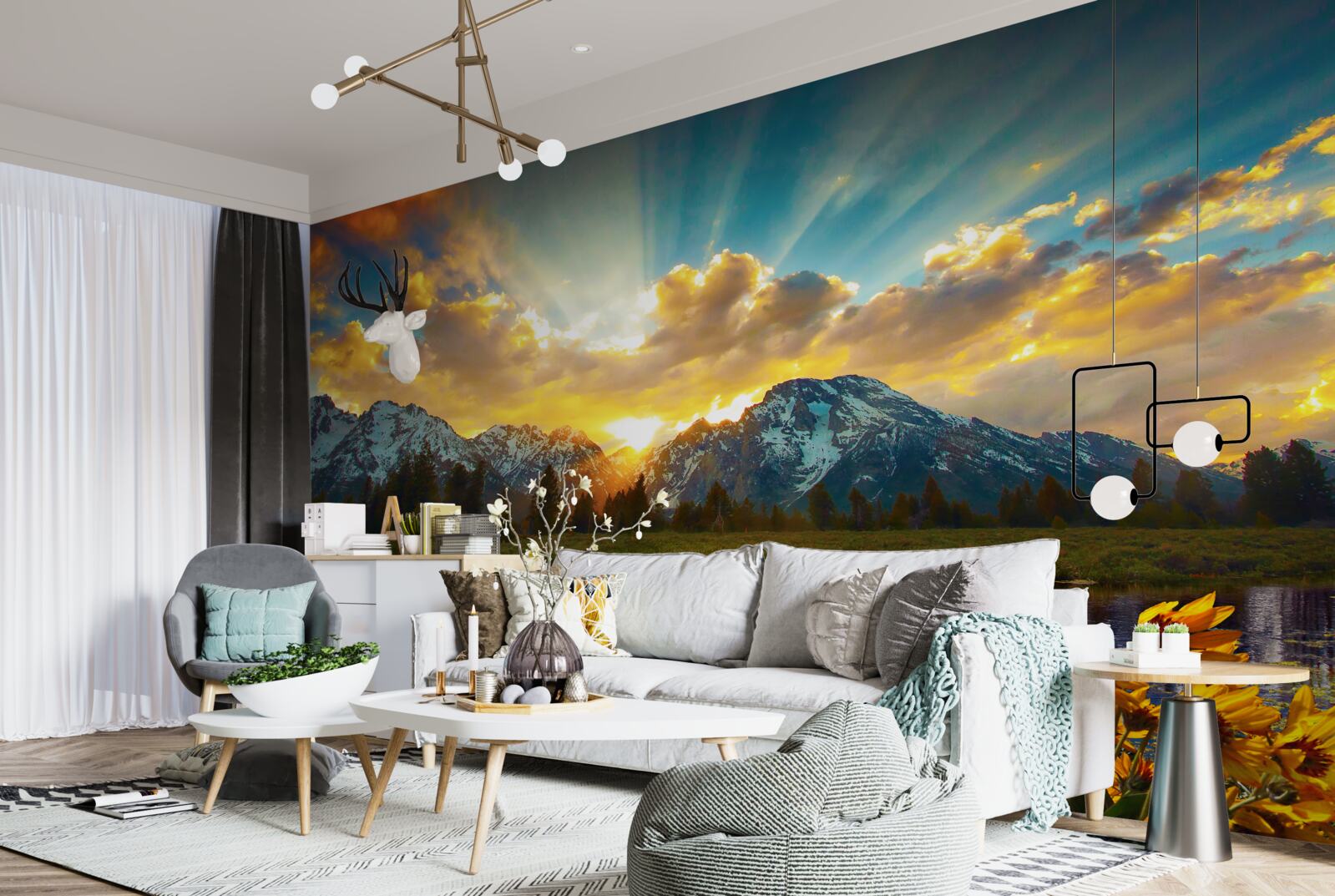 Fotobehang magische zonsondergang boven een rivier in de bergen