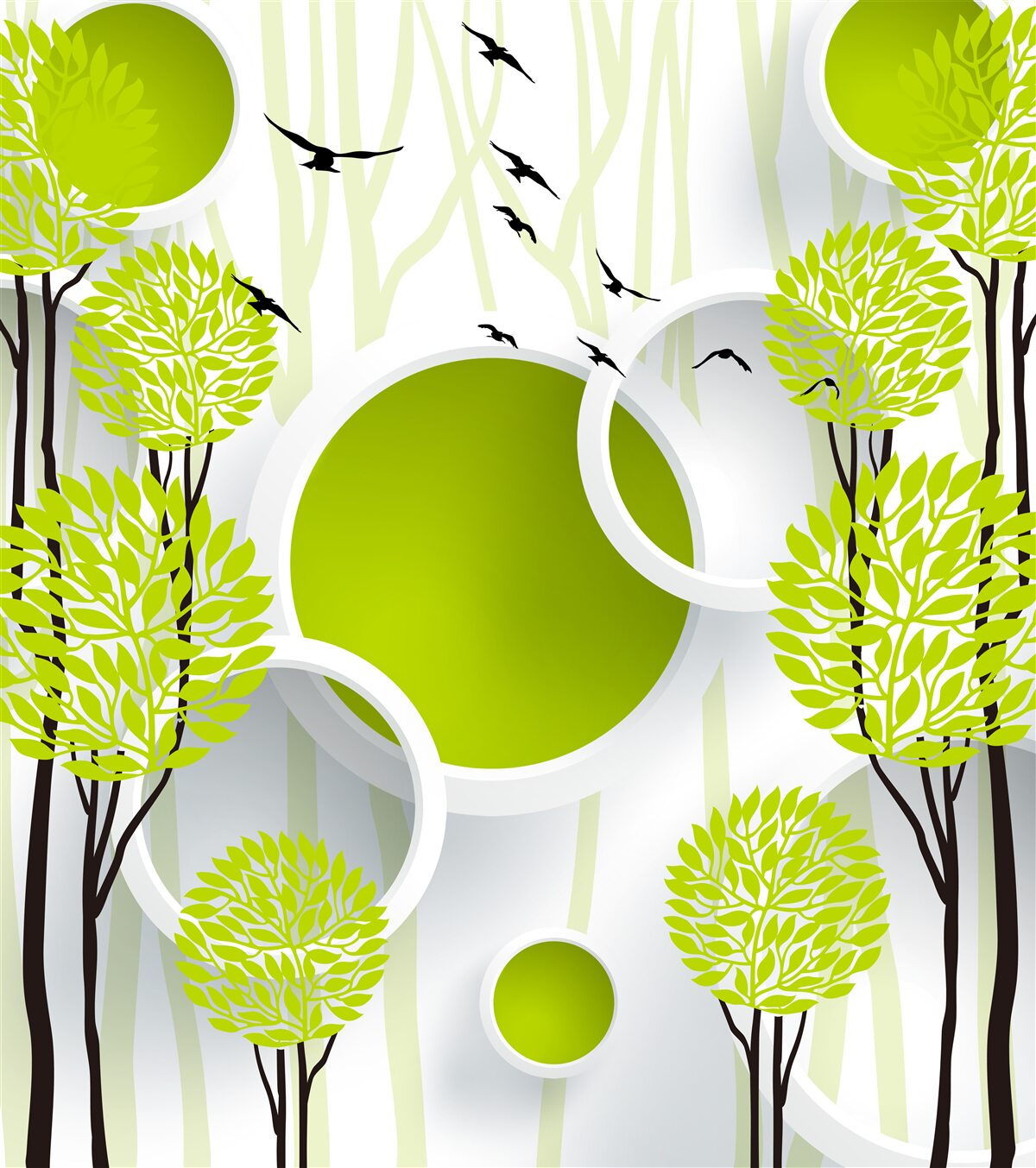 Fotobehang bomen onder vliegende vogels