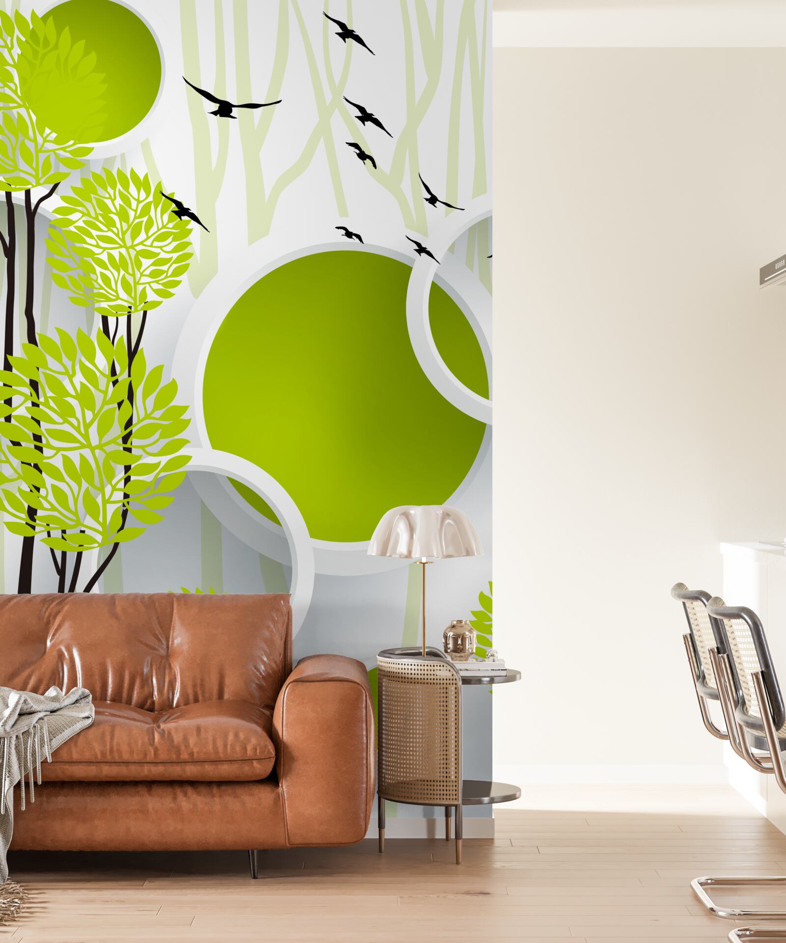 Fotobehang bomen onder vliegende vogels