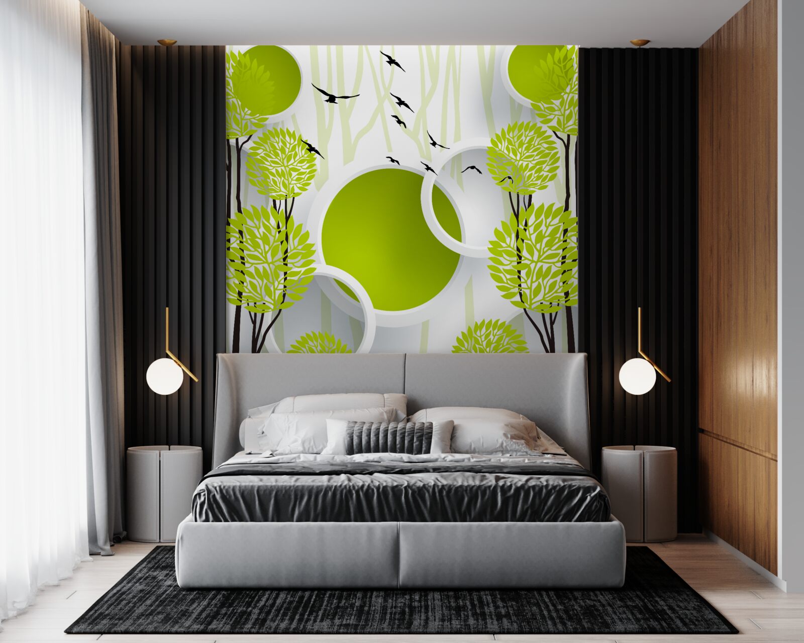 Fotobehang bomen onder vliegende vogels