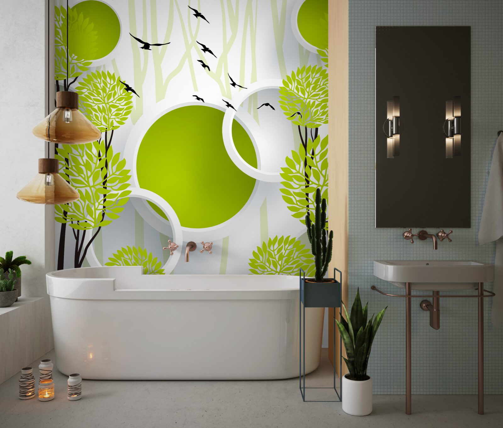 Fotobehang bomen onder vliegende vogels