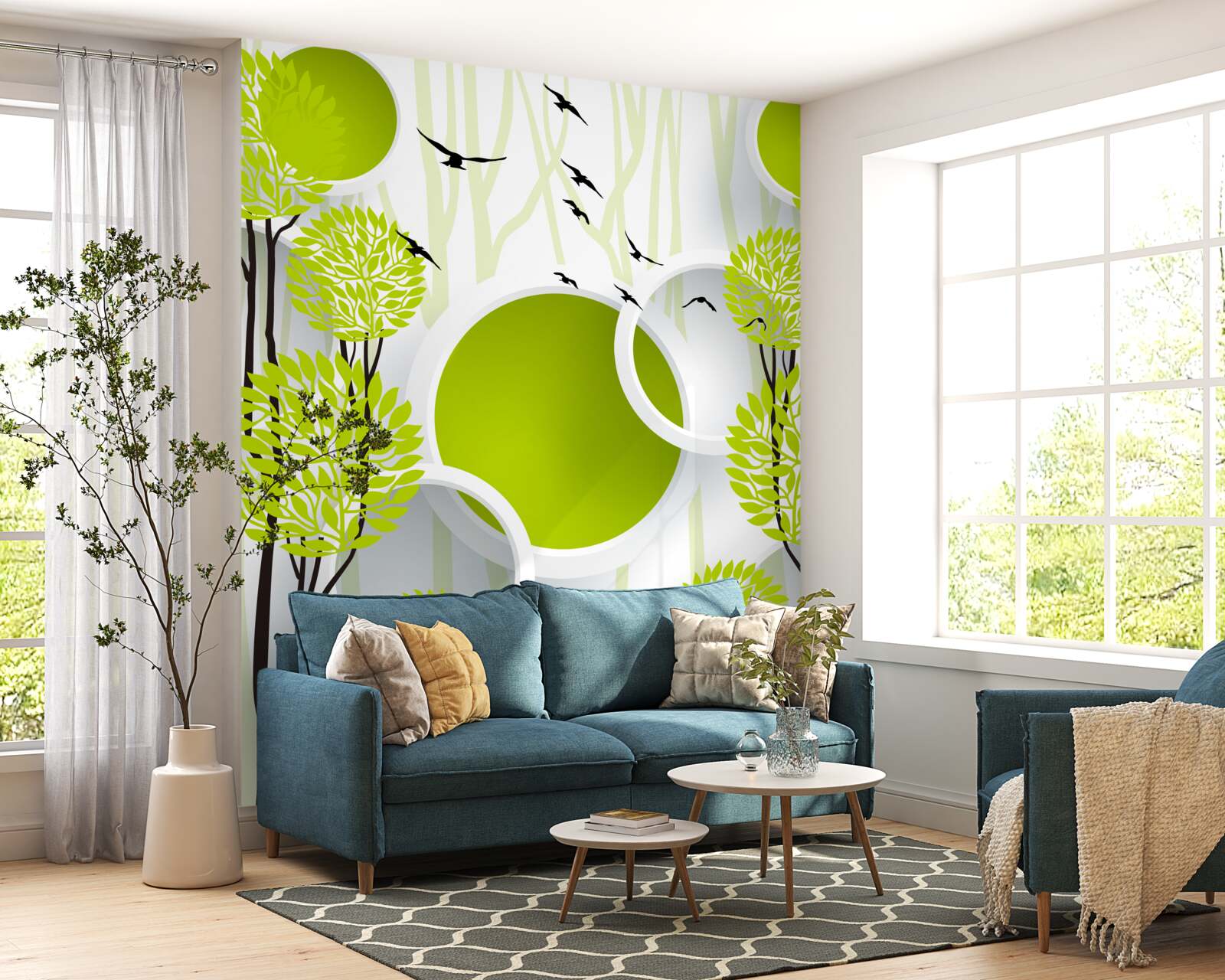 Fotobehang bomen onder vliegende vogels