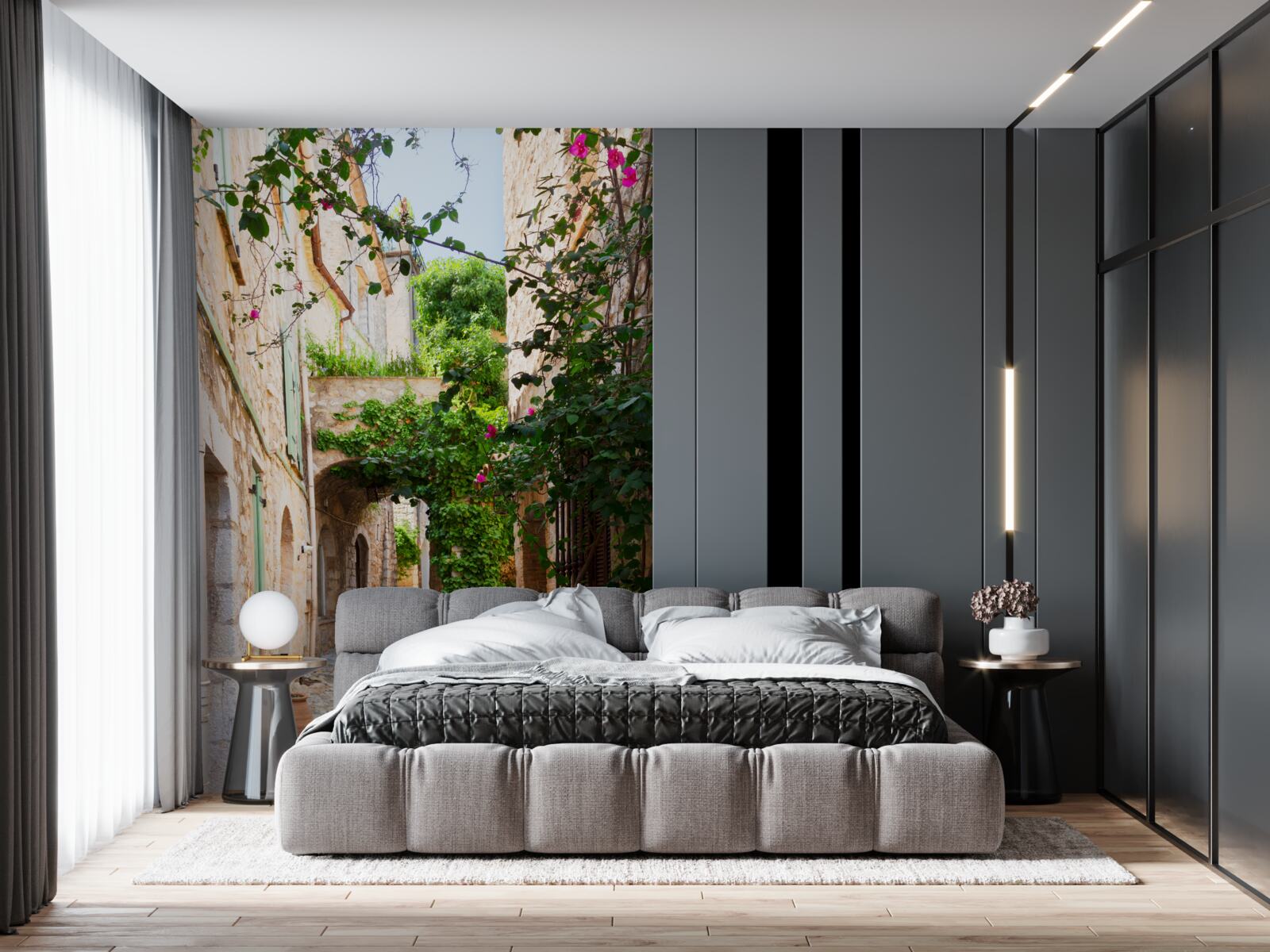 Fotobehang oude smalle straat versierd met levende planten