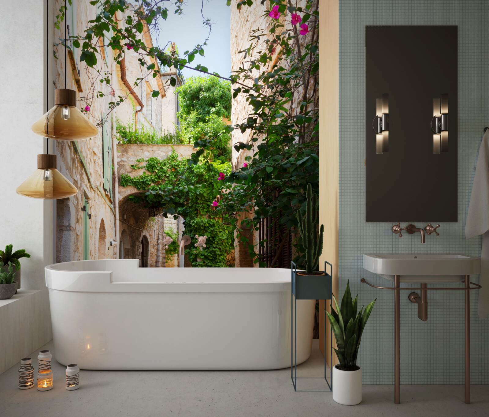 Fotobehang oude smalle straat versierd met levende planten