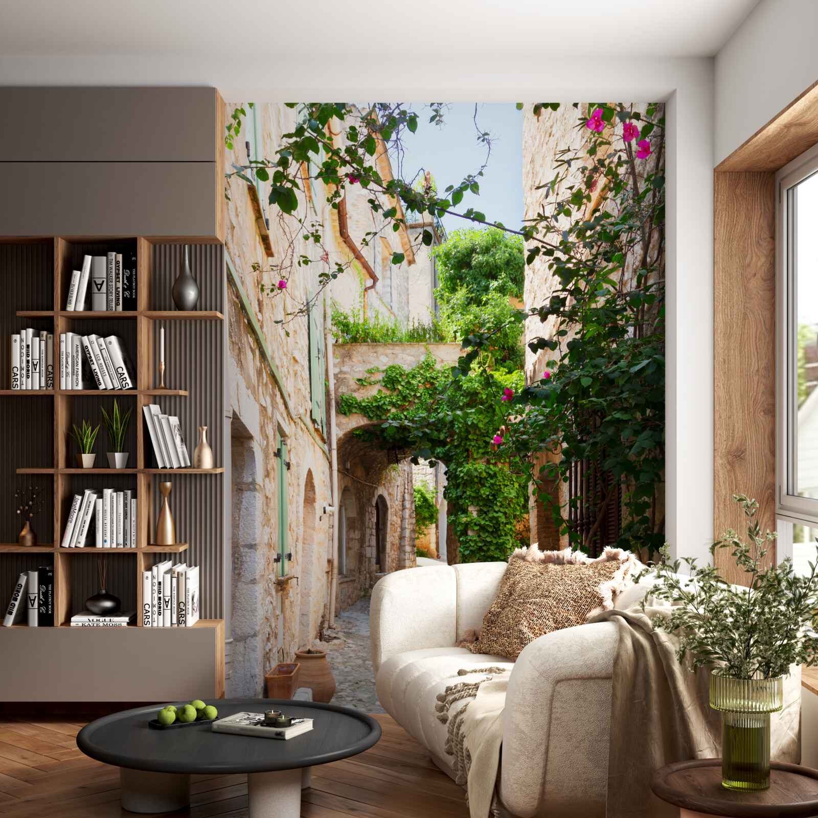 Fotobehang oude smalle straat versierd met levende planten