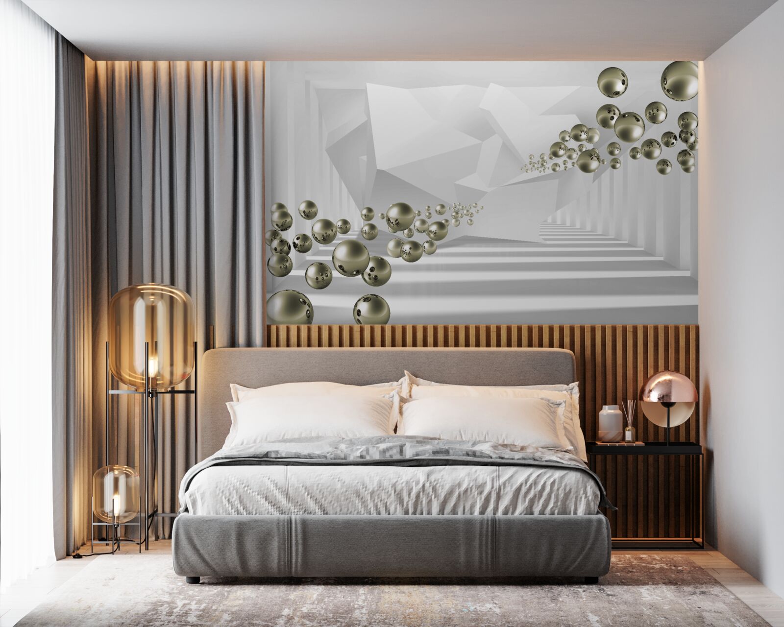 Fotobehang abstracte tunnel waar gouden parels wegvliegen