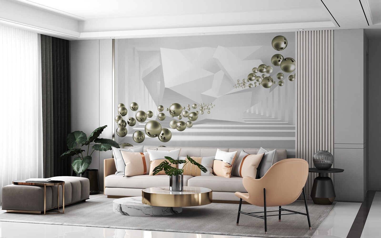 Fotobehang abstracte tunnel waar gouden parels wegvliegen