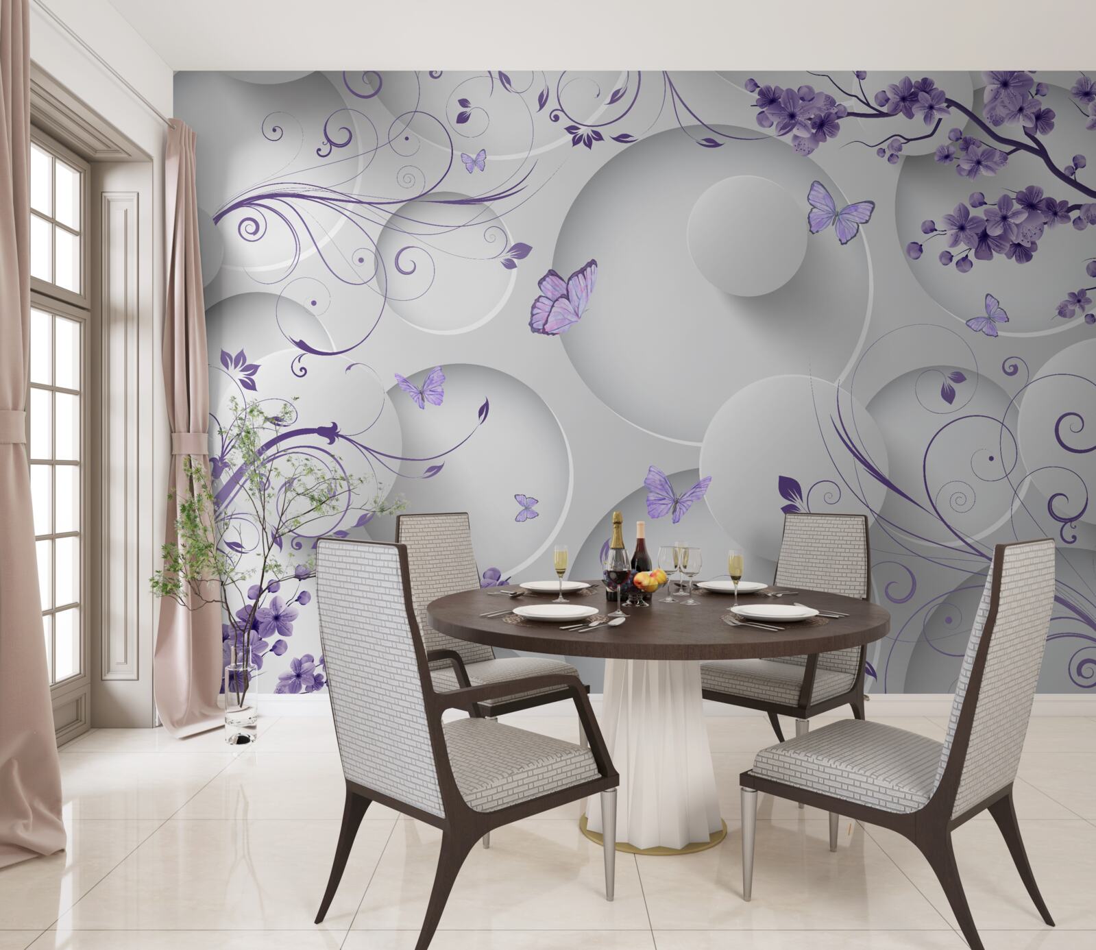 Fotobehang vlinders en paarse bloemen