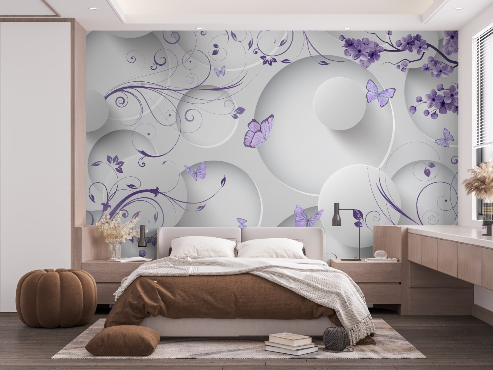 Fotobehang vlinders en paarse bloemen