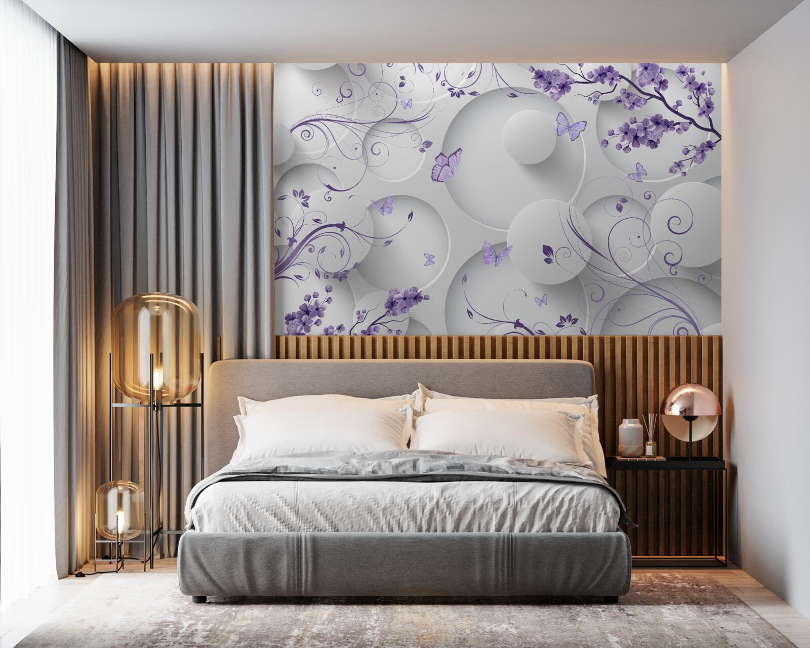 Fotobehang vlinders en paarse bloemen