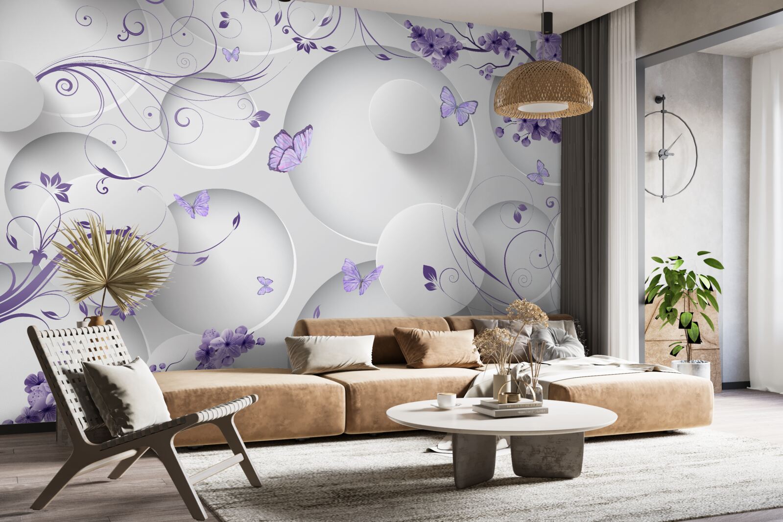 Fotobehang vlinders en paarse bloemen