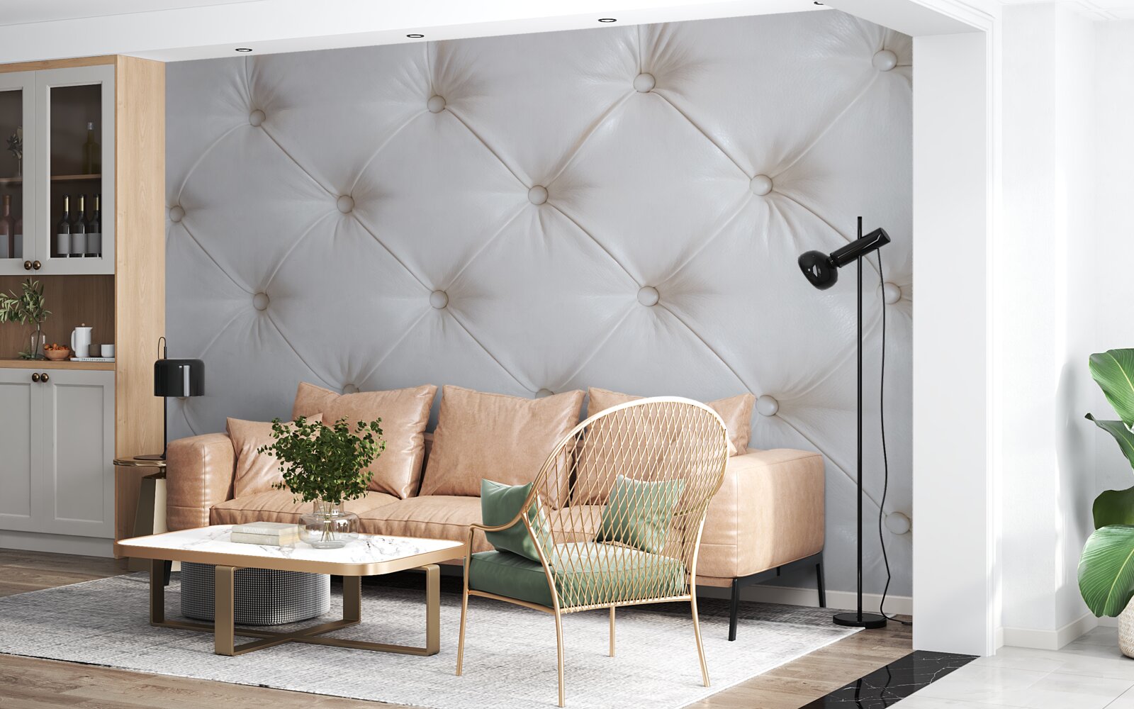 Fotobehang bekleding van wit leer met strass decoratie