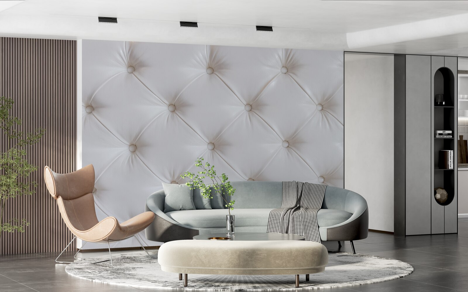 Fotobehang bekleding van wit leer met strass decoratie