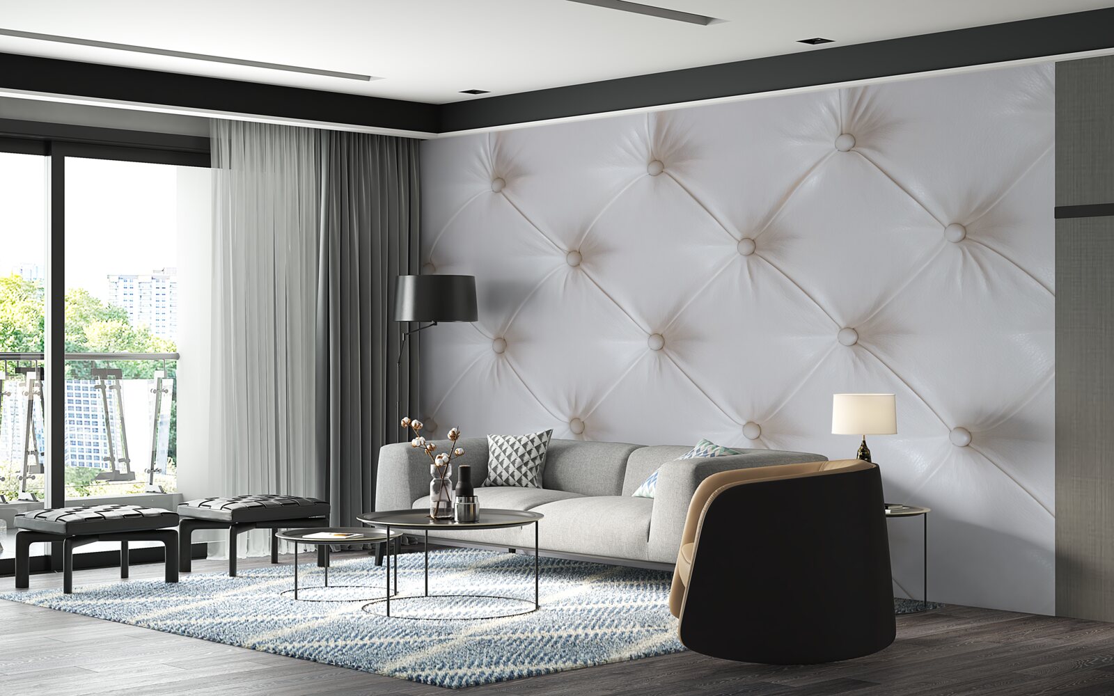 Fotobehang bekleding van wit leer met strass decoratie