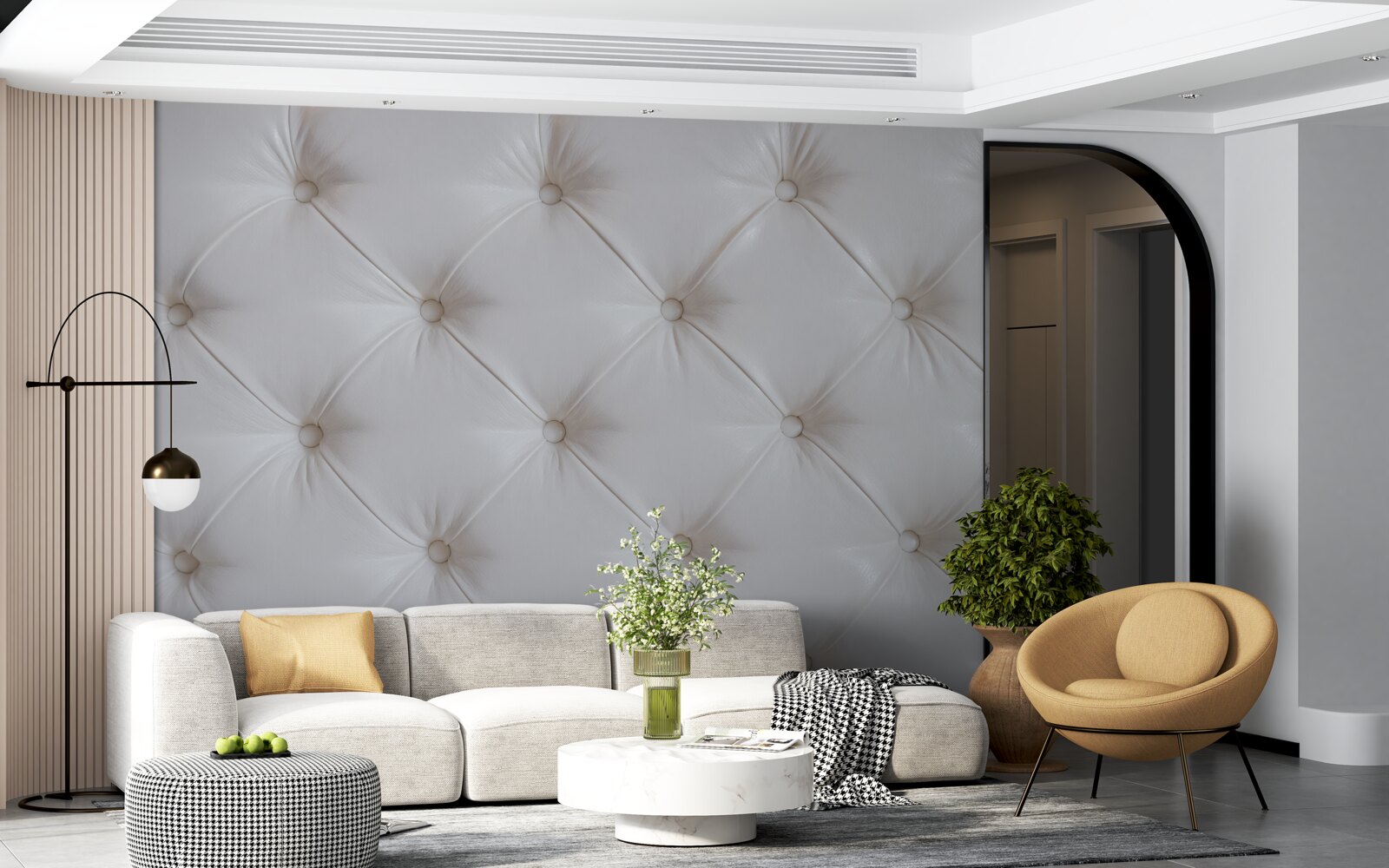 Fotobehang bekleding van wit leer met strass decoratie