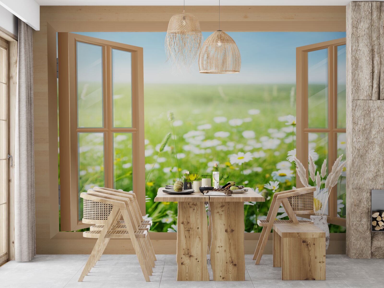 Fotobehang uitzicht op het kamilleveld vanuit het raam