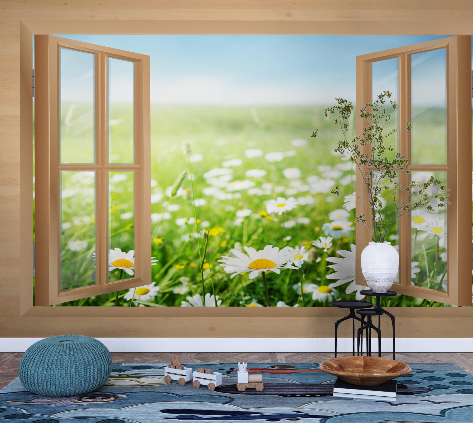 Fotobehang uitzicht op het kamilleveld vanuit het raam