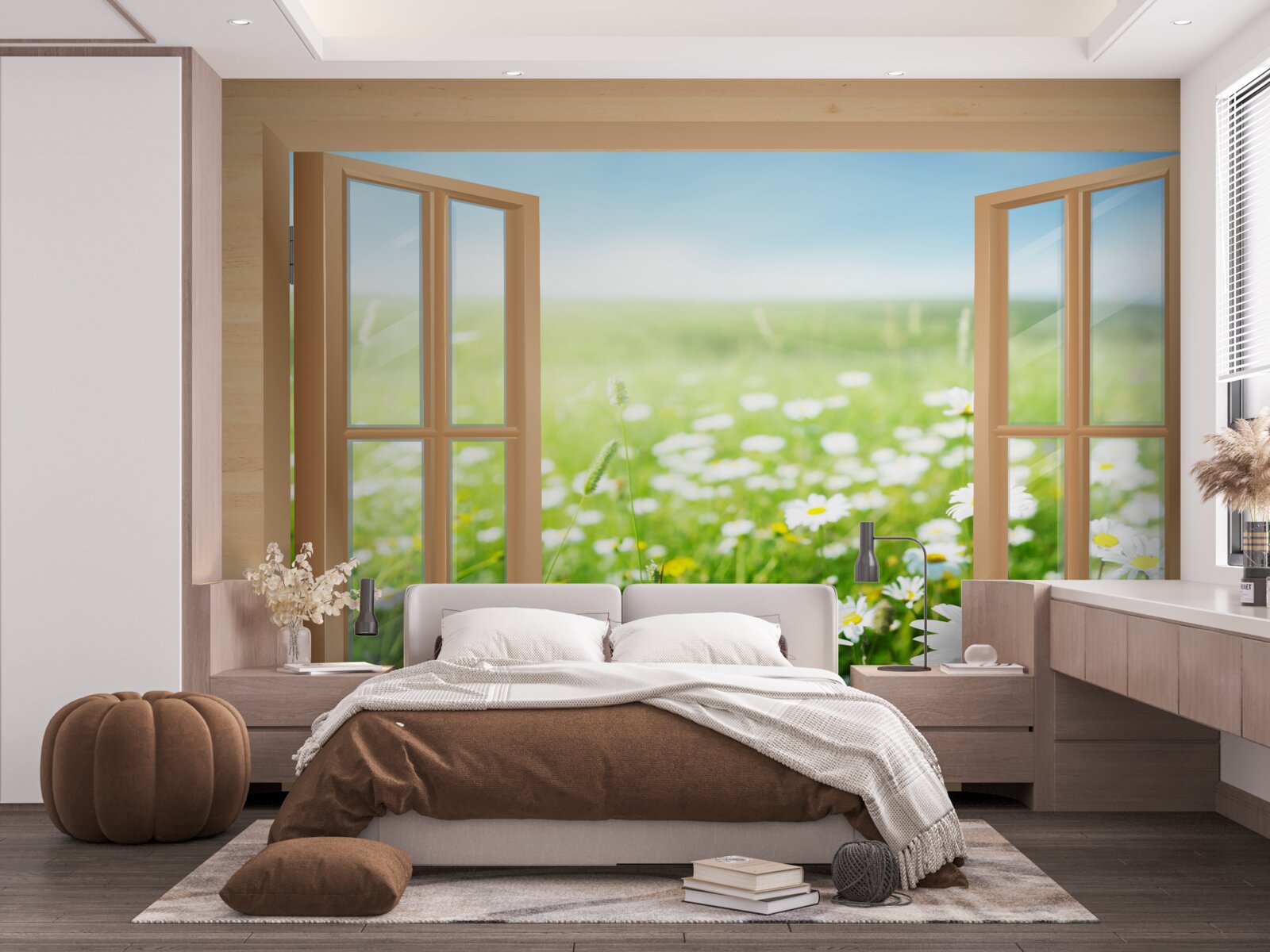 Fotobehang uitzicht op het kamilleveld vanuit het raam
