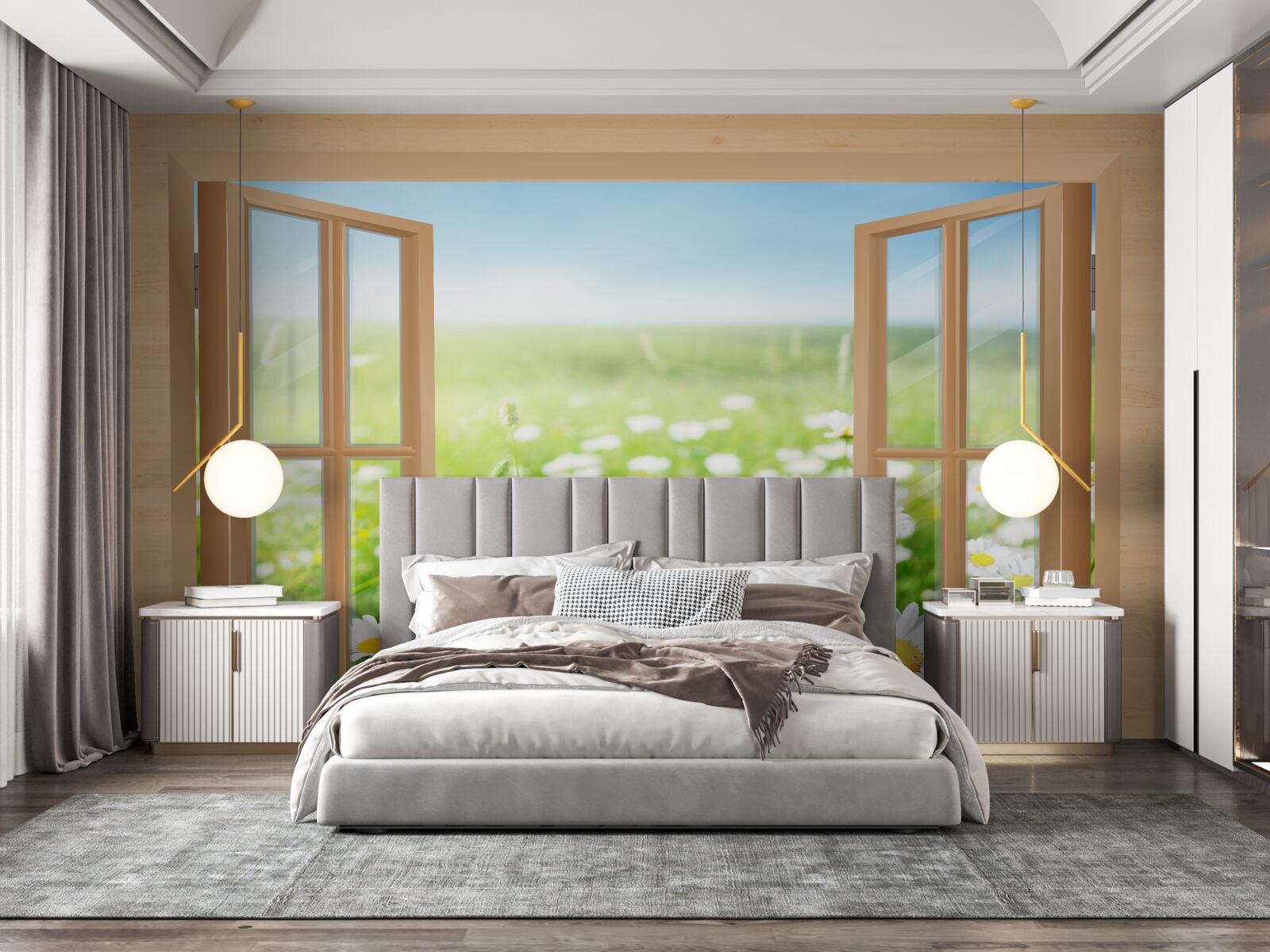 Fotobehang uitzicht op het kamilleveld vanuit het raam