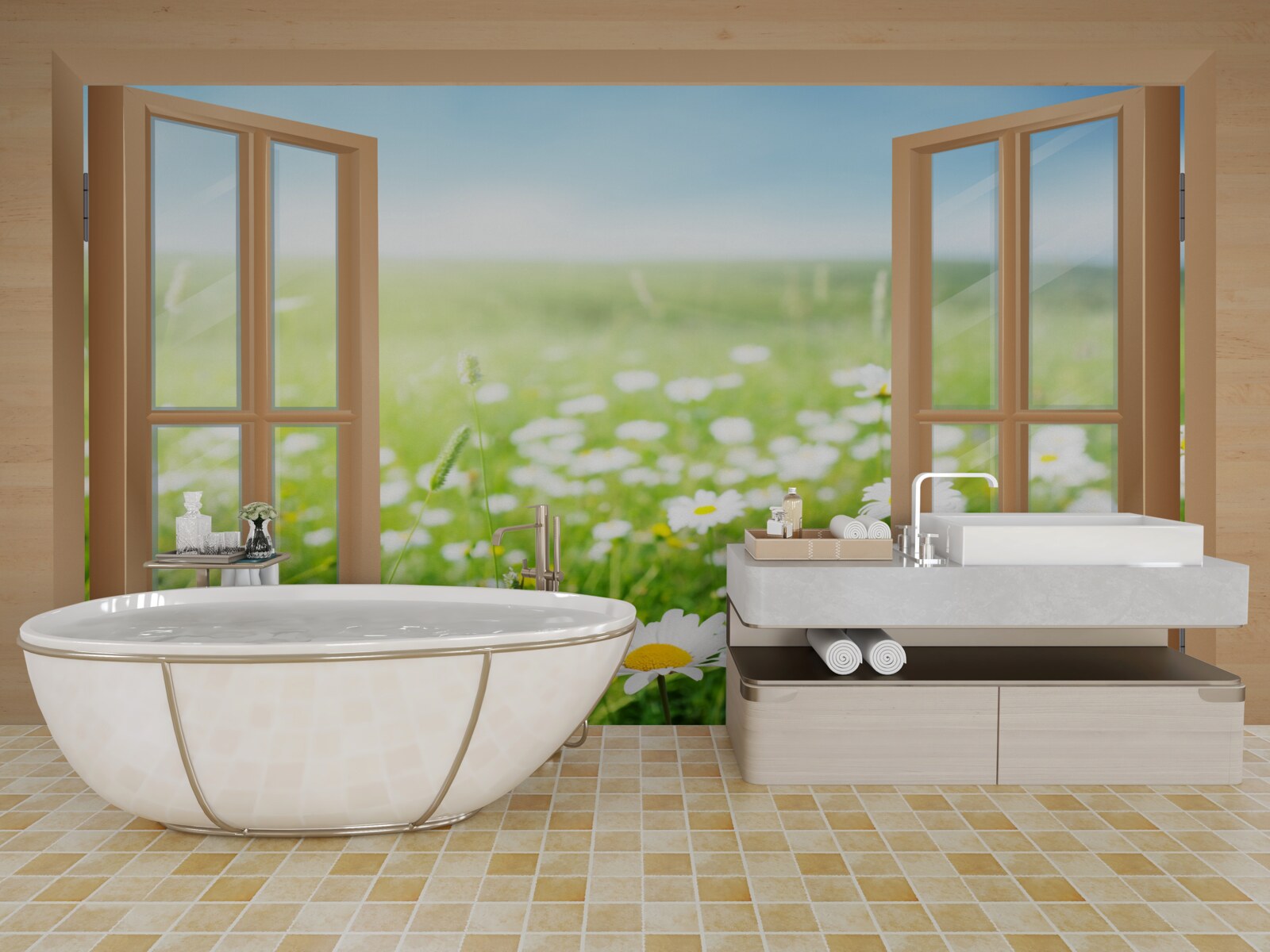 Fotobehang uitzicht op het kamilleveld vanuit het raam