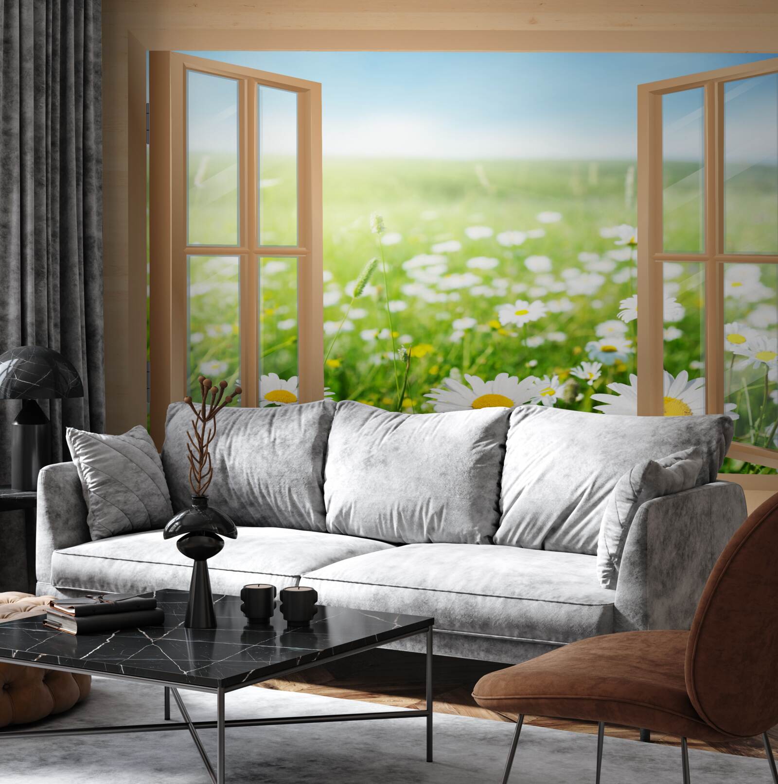 Fotobehang uitzicht op het kamilleveld vanuit het raam