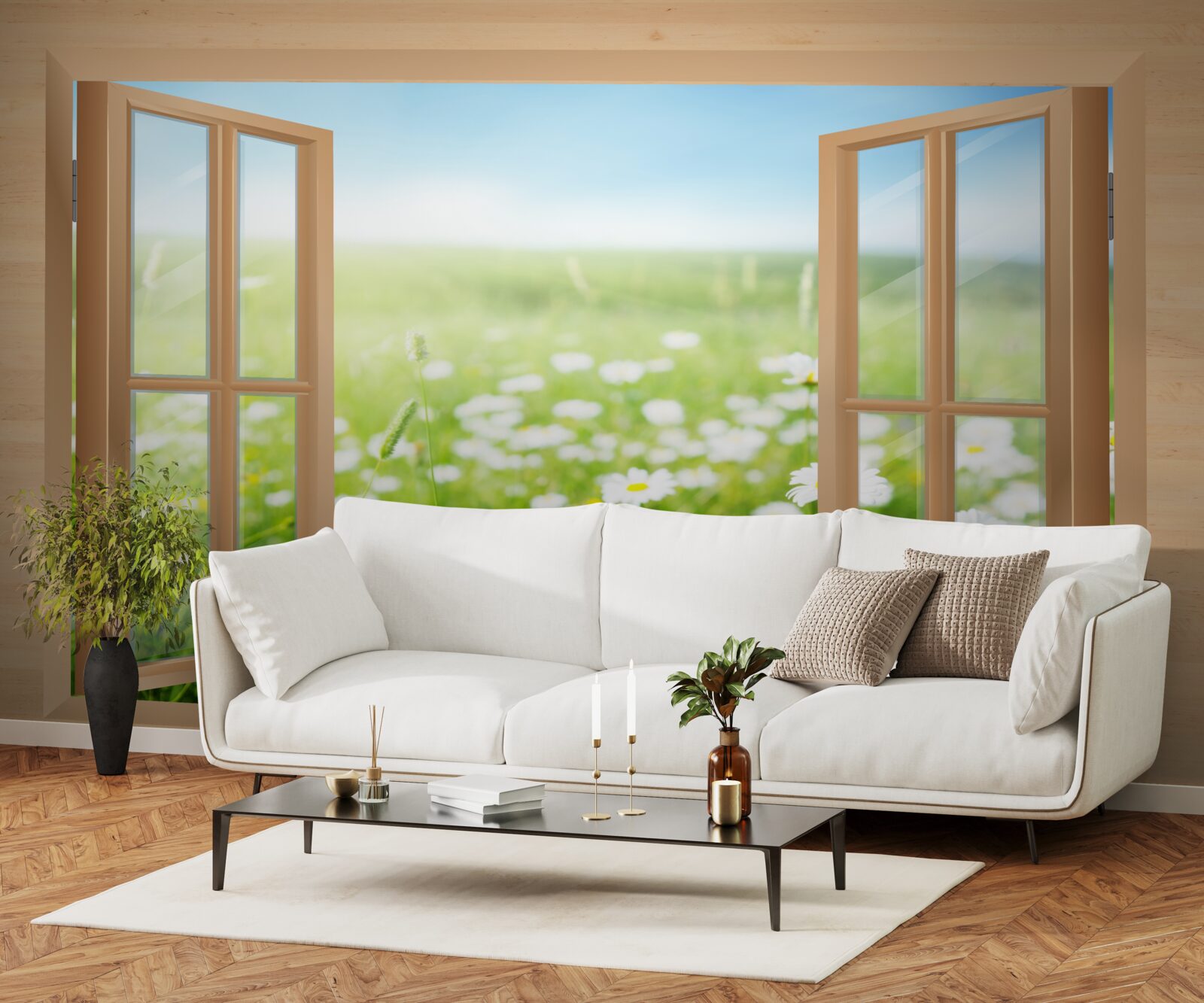 Fotobehang uitzicht op het kamilleveld vanuit het raam