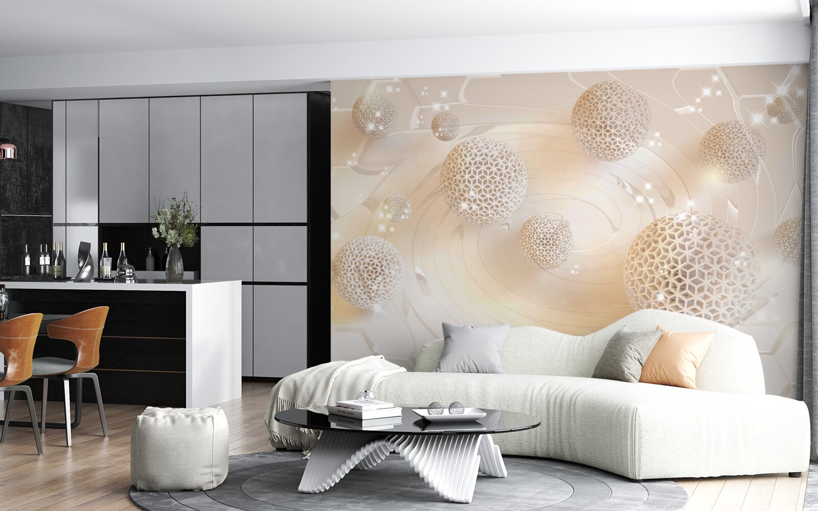 Fotobehang ballen wervelend in een gouden gloed