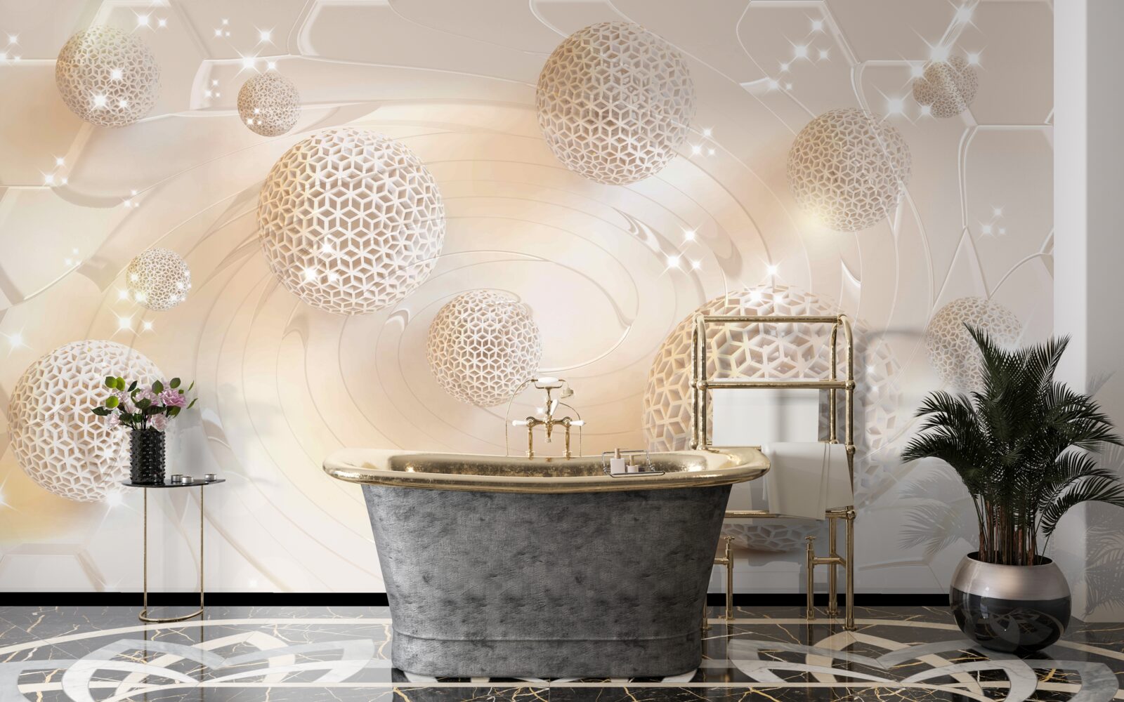 Fotobehang ballen wervelend in een gouden gloed