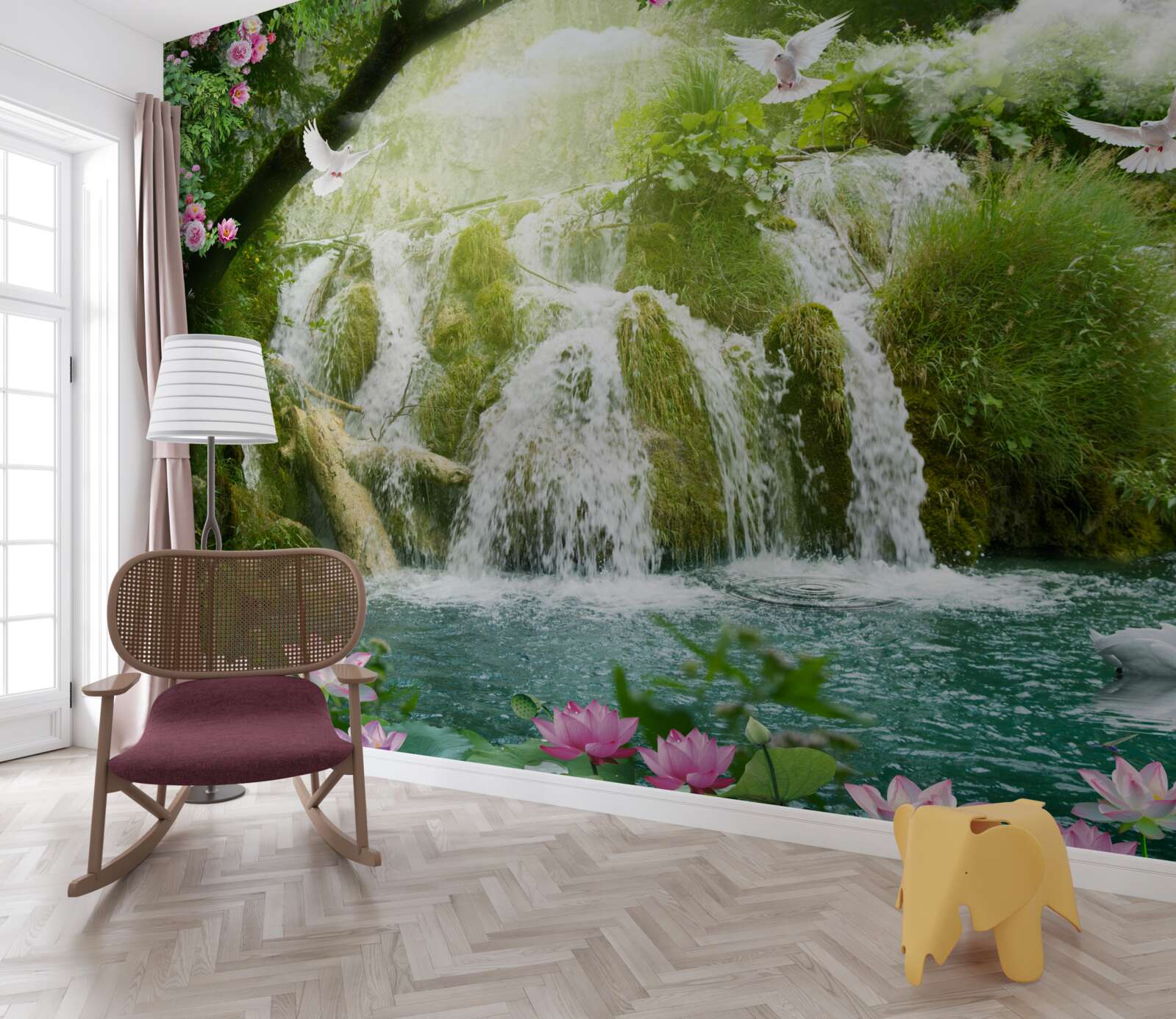 Fotobehang vallend water van een boswaterval