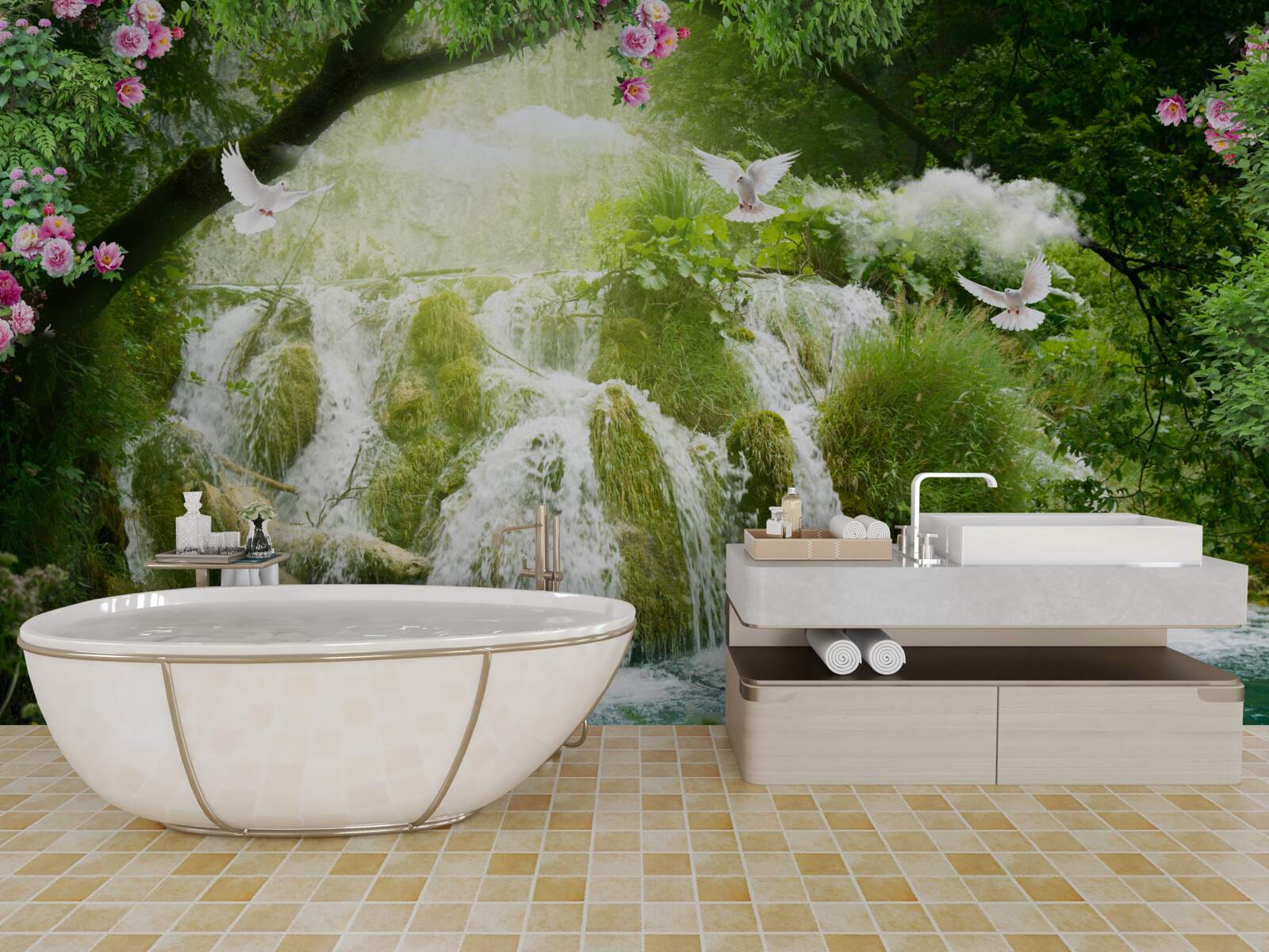 Fotobehang vallend water van een boswaterval