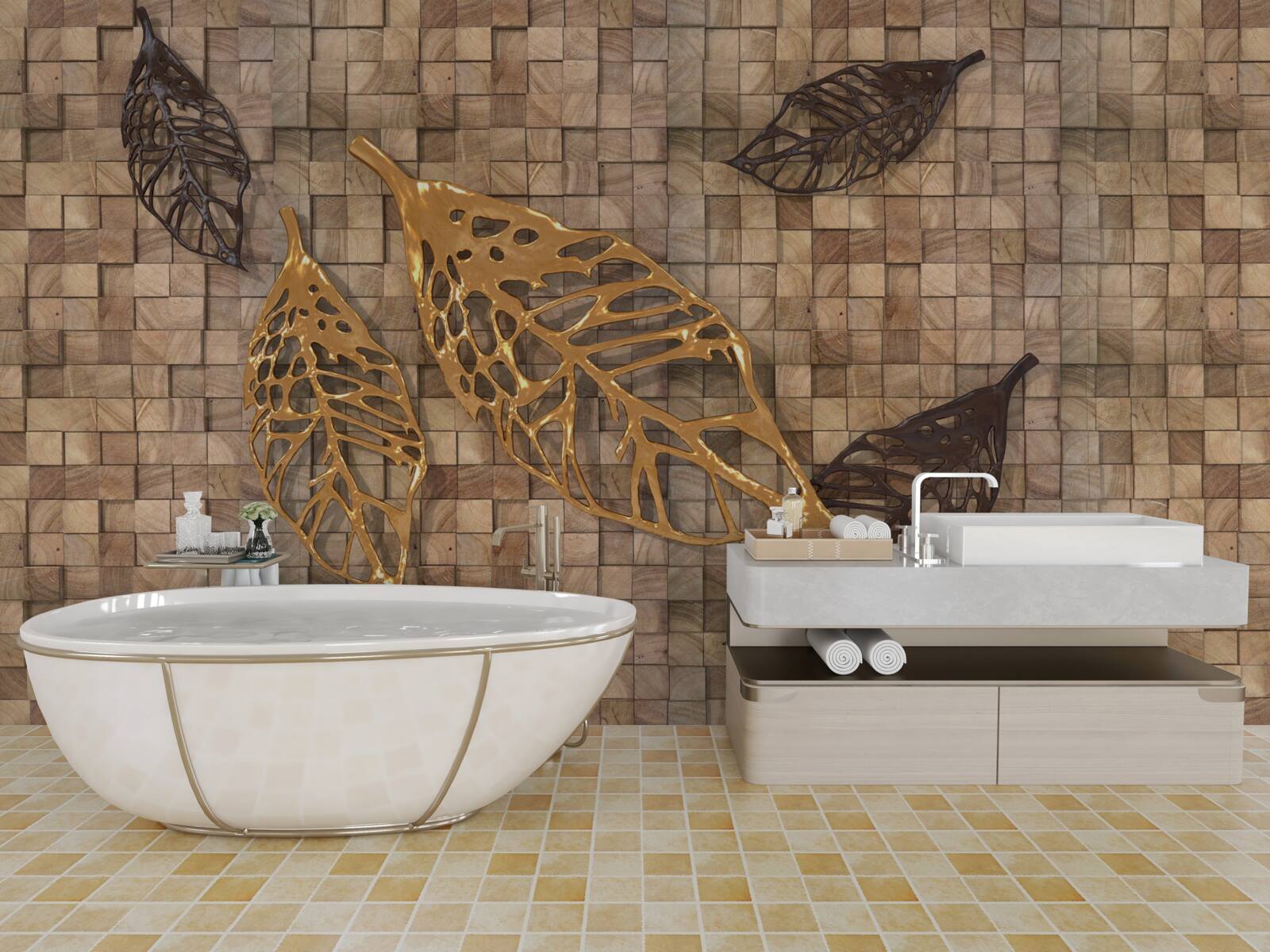 Fotobehang het mozaïek wordt omlijst door bladeren