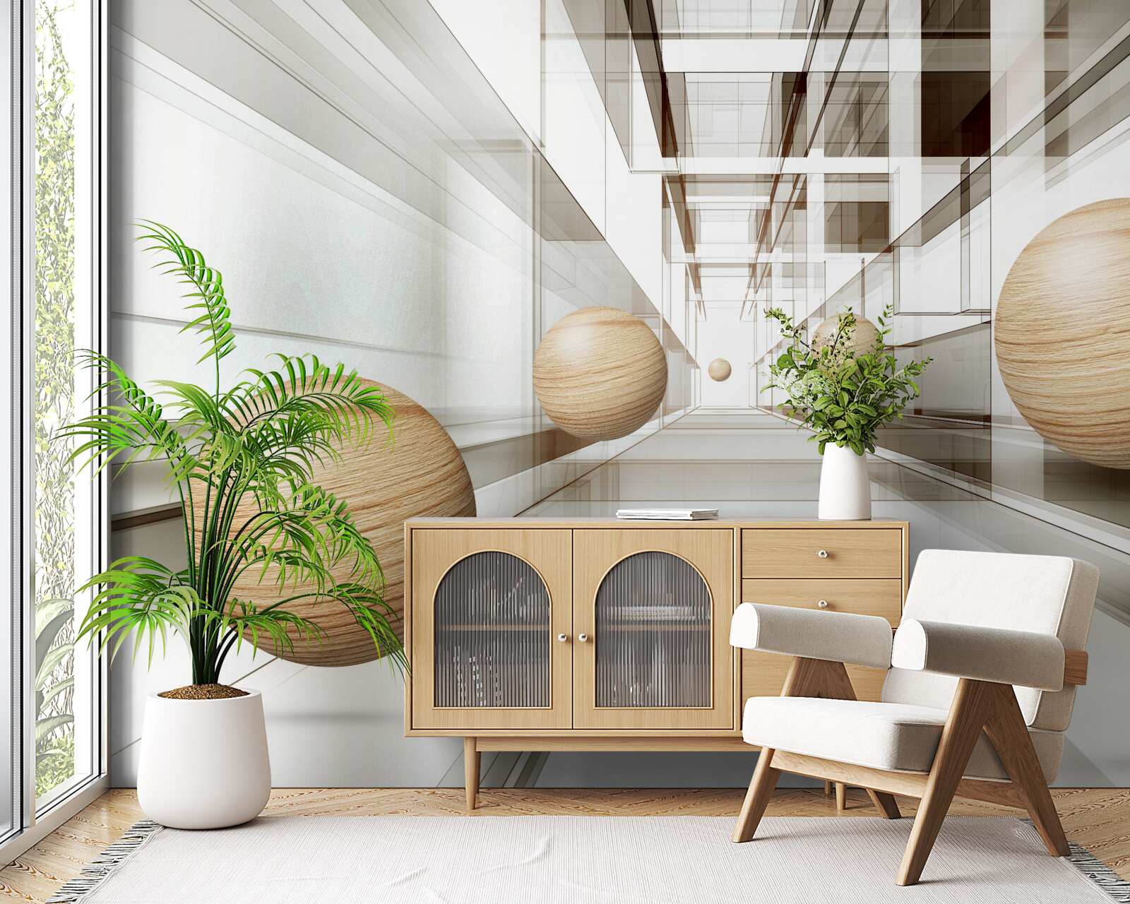 Fotobehang houten ballen in de tunnel voor optiek