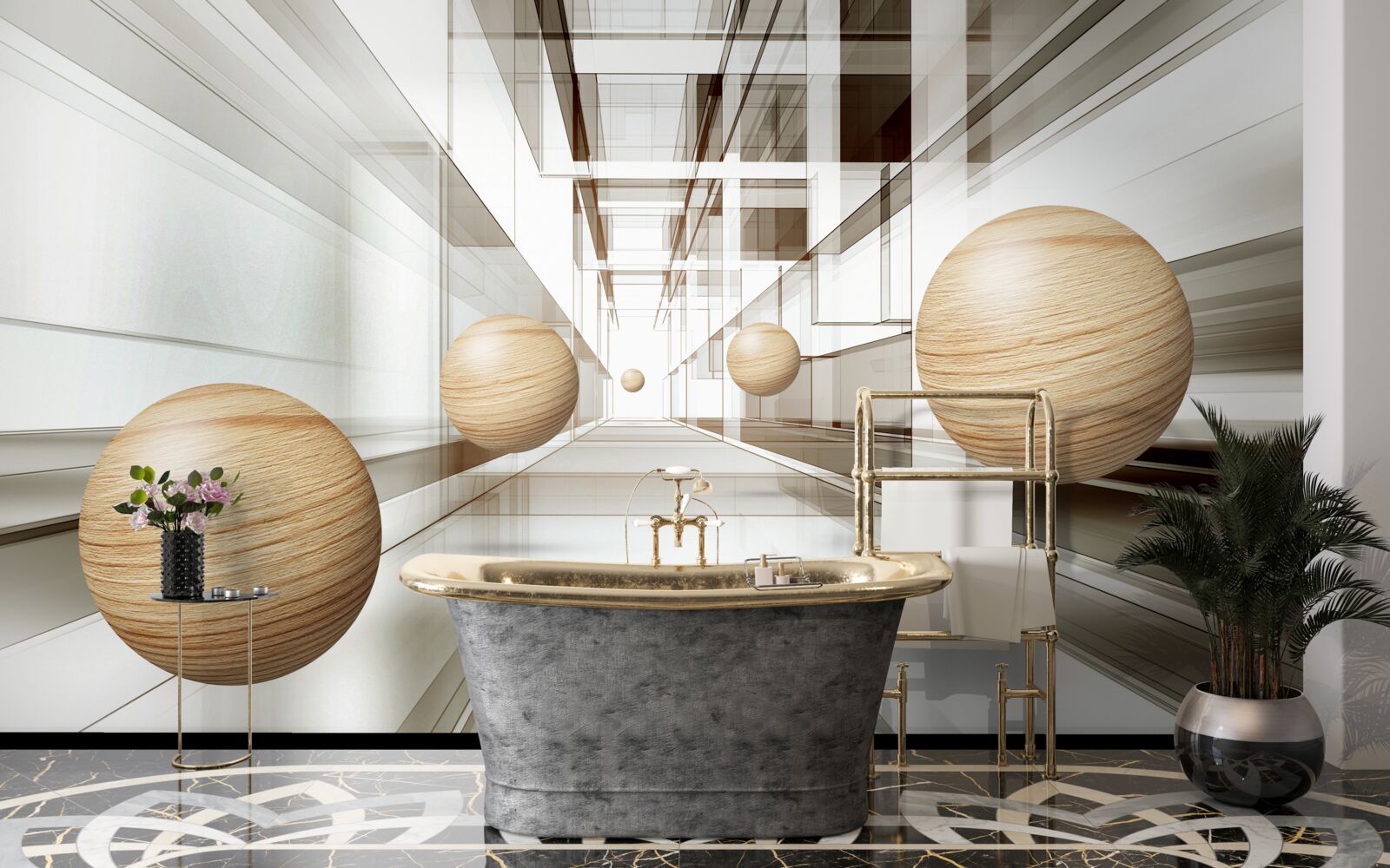 Fotobehang houten ballen in de tunnel voor optiek