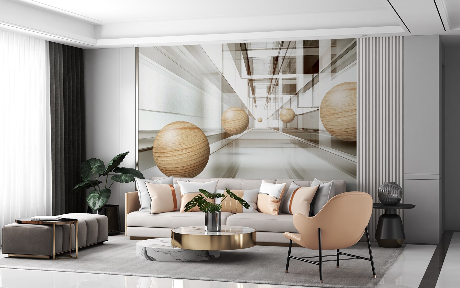 Fotobehang houten ballen in de tunnel voor optiek