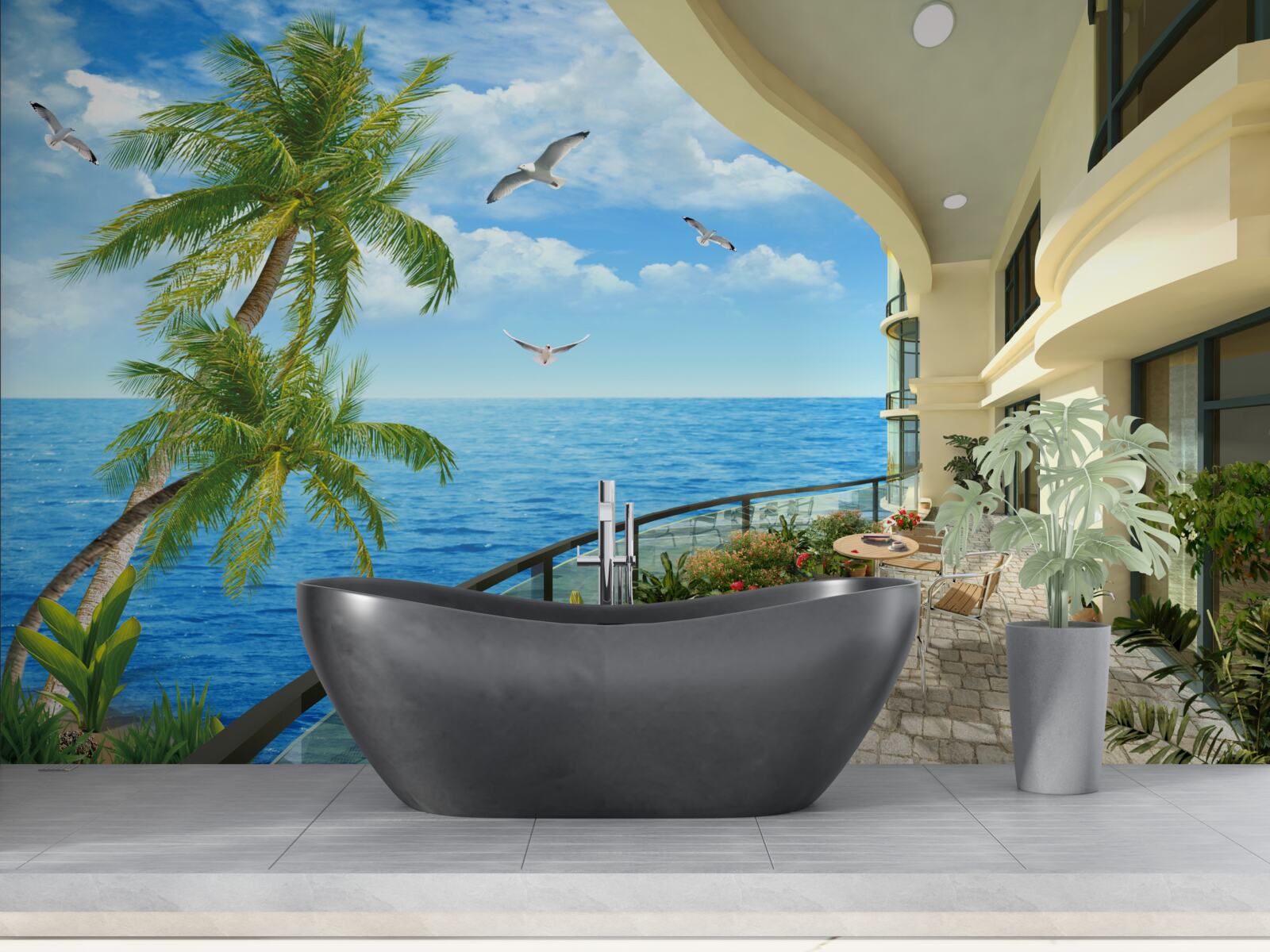 Fotobehang terras met uitzicht op de oceaan