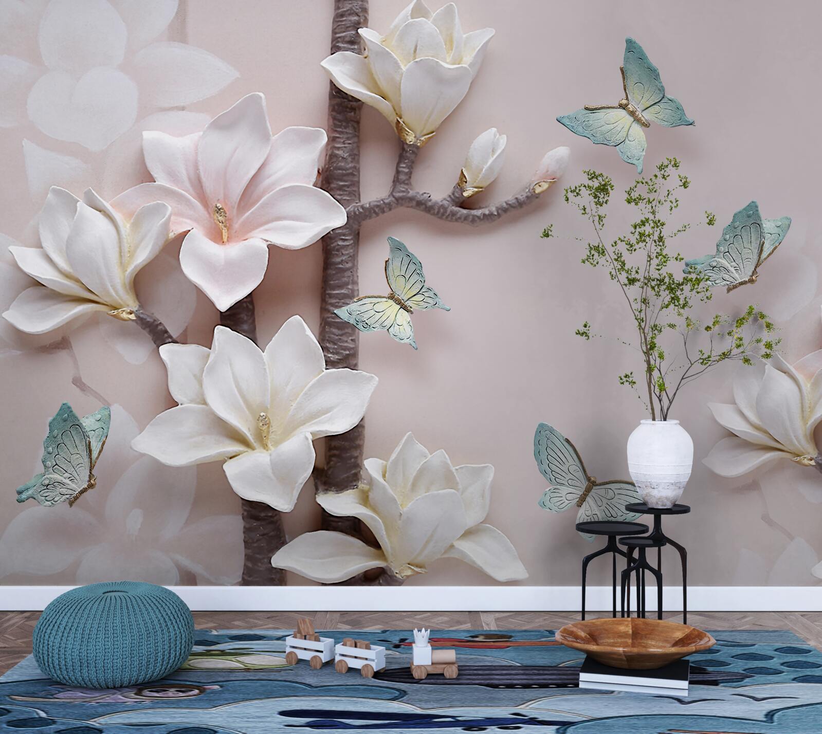 Fotobehang blauwe vlinders en witte bloemen